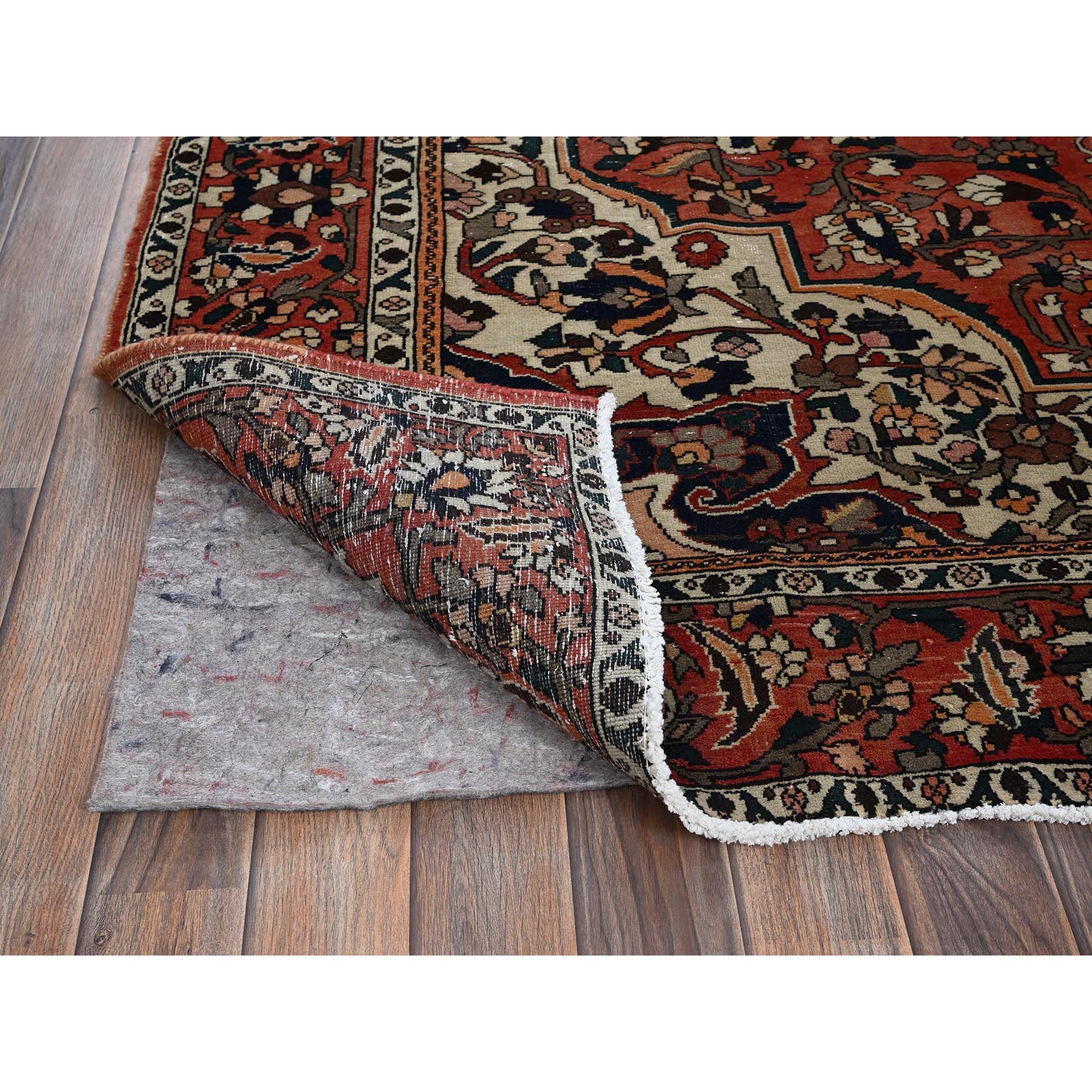 7'3"x9'7" Burnt Orange, Vintage Persian Bakhtiar with Large Medallion Design, Cropped Thin, Zero Pile, Evenly Worn, Sides and Ends Professionally Secured, Good Condition, Hand Knotted, 100% Wool, Oriental Rug Sh1026