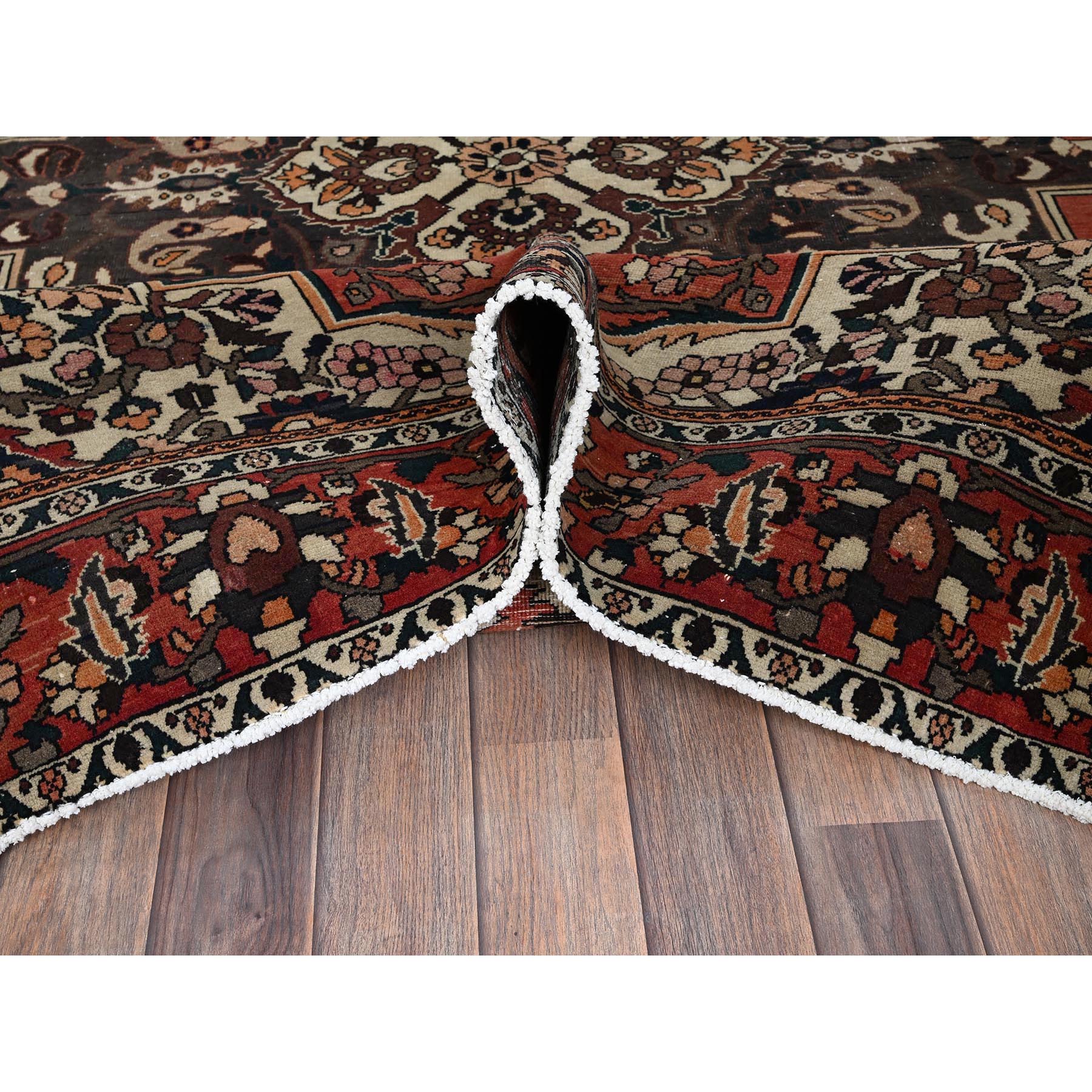 7'3"x9'7" Burnt Orange, Vintage Persian Bakhtiar with Large Medallion Design, Cropped Thin, Zero Pile, Evenly Worn, Sides and Ends Professionally Secured, Good Condition, Hand Knotted, 100% Wool, Oriental Rug Sh1026