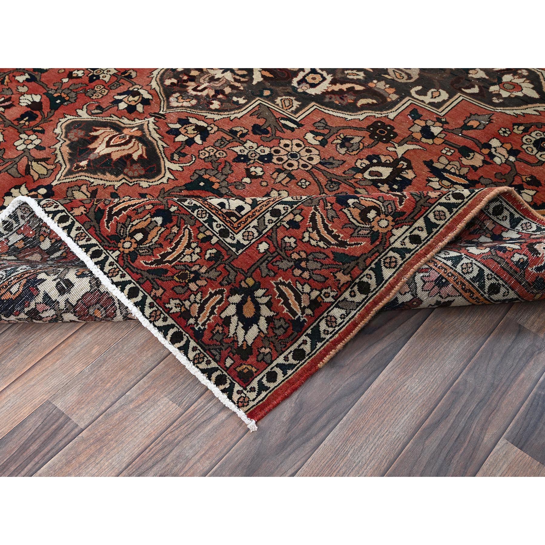 7'3"x9'7" Burnt Orange, Vintage Persian Bakhtiar with Large Medallion Design, Cropped Thin, Zero Pile, Evenly Worn, Sides and Ends Professionally Secured, Good Condition, Hand Knotted, 100% Wool, Oriental Rug Sh1026