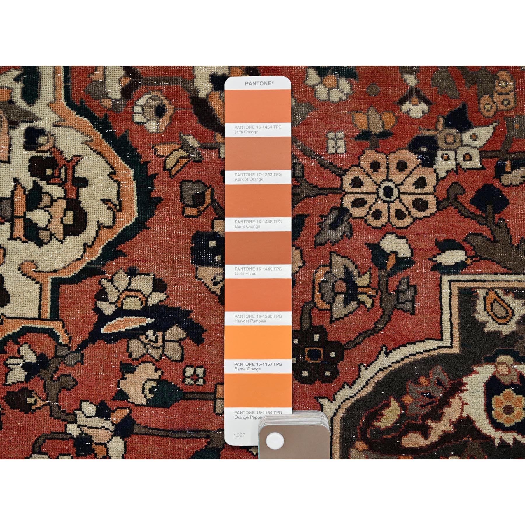 7'3"x9'7" Burnt Orange, Vintage Persian Bakhtiar with Large Medallion Design, Cropped Thin, Zero Pile, Evenly Worn, Sides and Ends Professionally Secured, Good Condition, Hand Knotted, 100% Wool, Oriental Rug Sh1026