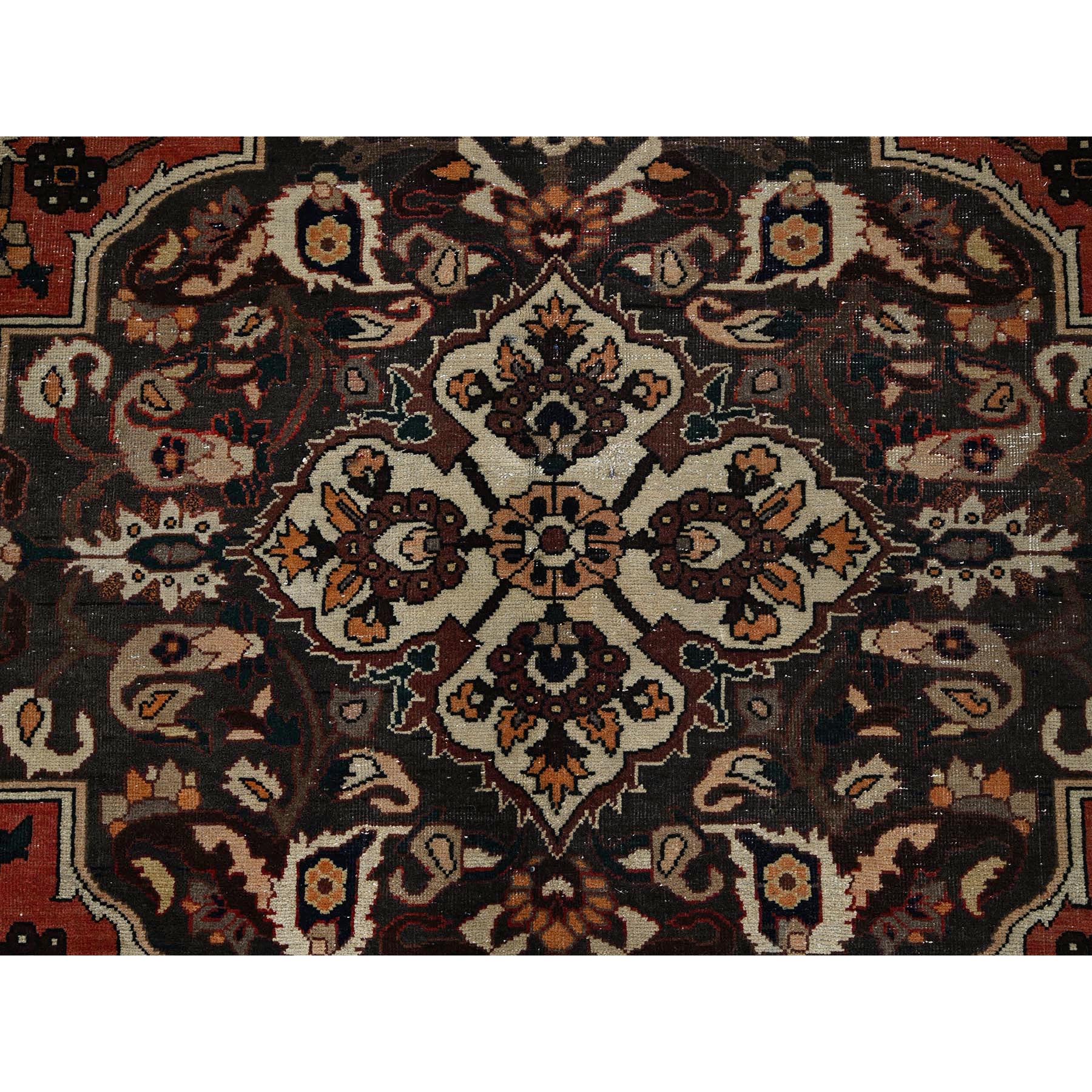 7'3"x9'7" Burnt Orange, Vintage Persian Bakhtiar with Large Medallion Design, Cropped Thin, Zero Pile, Evenly Worn, Sides and Ends Professionally Secured, Good Condition, Hand Knotted, 100% Wool, Oriental Rug Sh1026