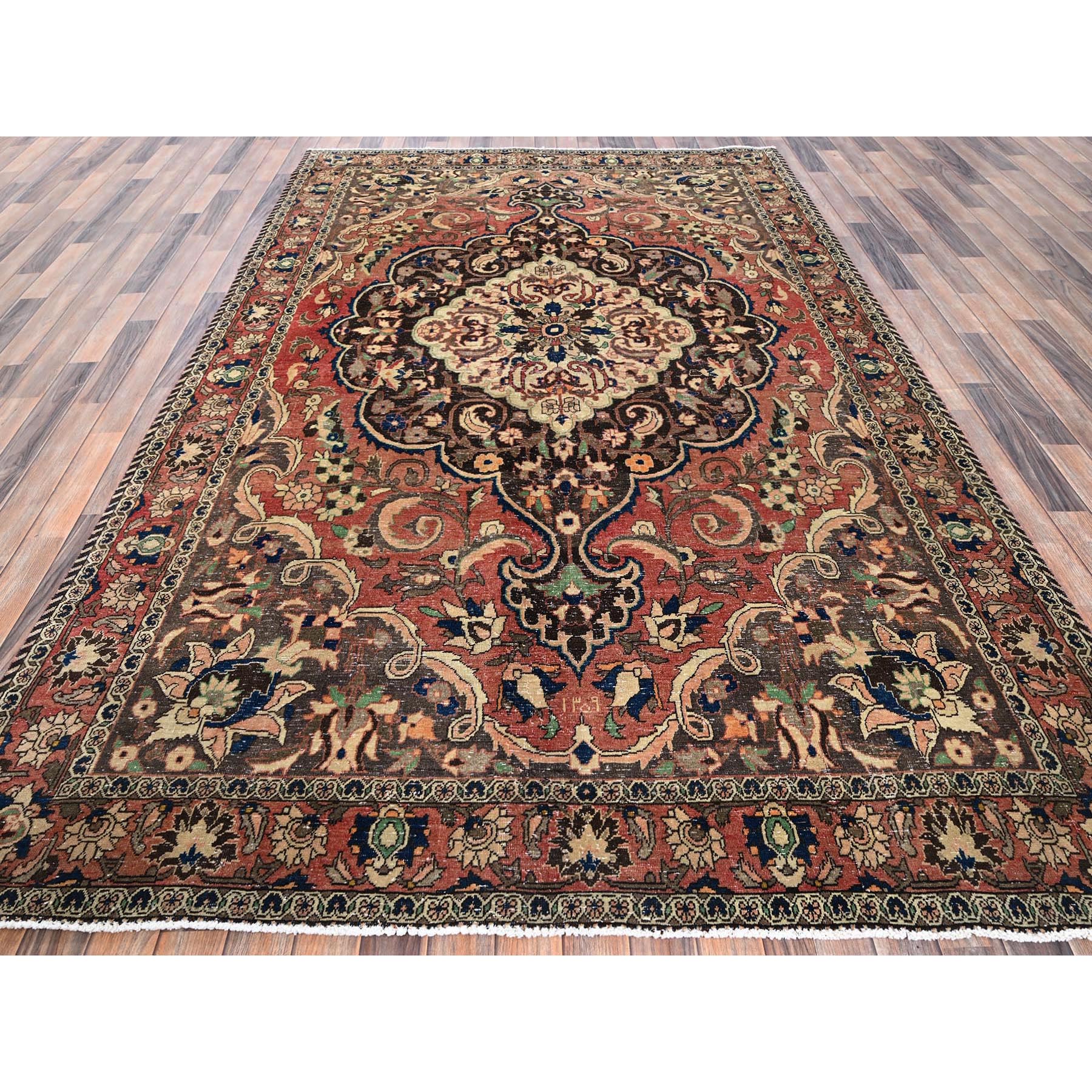 6'8"x10'1" Coral Red, Vintage Persian Bakhtiar with Large Medallion Design, Sheared Low, Zero Pile, Even Wear, Sides and Ends Professionally Secured, Good Condition, Hand Knotted, 100% Wool, Oriental Rug Sh1027