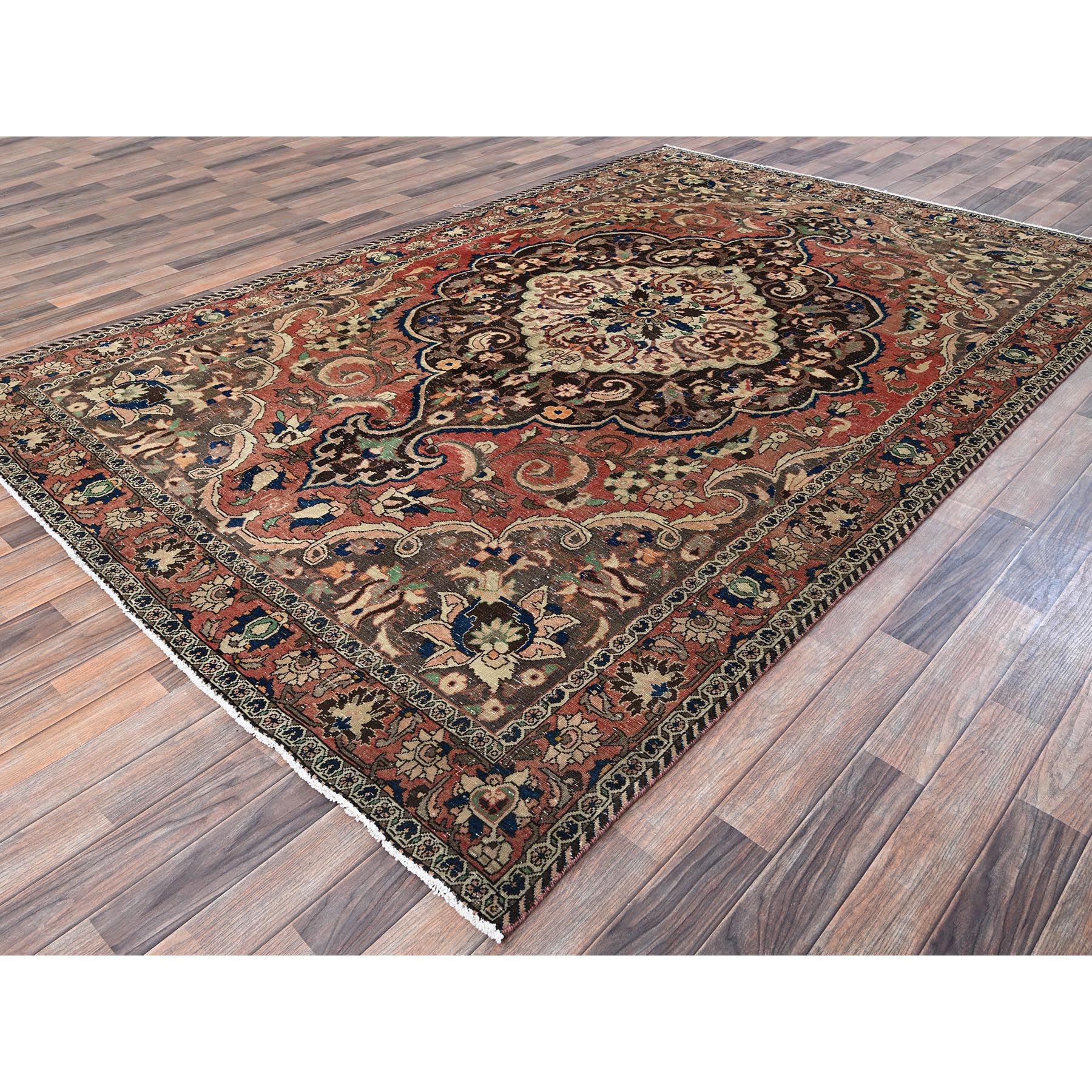 6'8"x10'1" Coral Red, Vintage Persian Bakhtiar with Large Medallion Design, Sheared Low, Zero Pile, Even Wear, Sides and Ends Professionally Secured, Good Condition, Hand Knotted, 100% Wool, Oriental Rug Sh1027