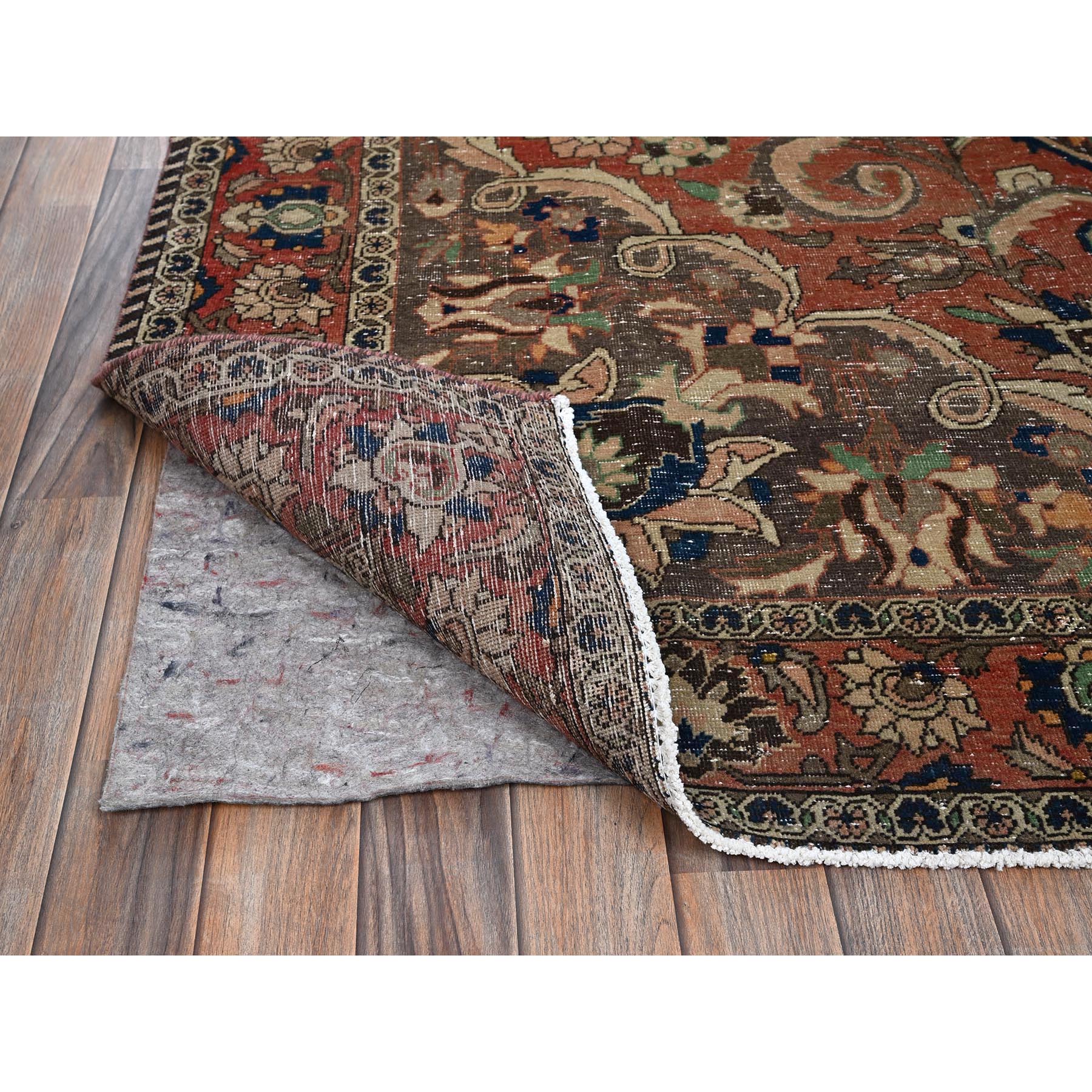 6'8"x10'1" Coral Red, Vintage Persian Bakhtiar with Large Medallion Design, Sheared Low, Zero Pile, Even Wear, Sides and Ends Professionally Secured, Good Condition, Hand Knotted, 100% Wool, Oriental Rug Sh1027