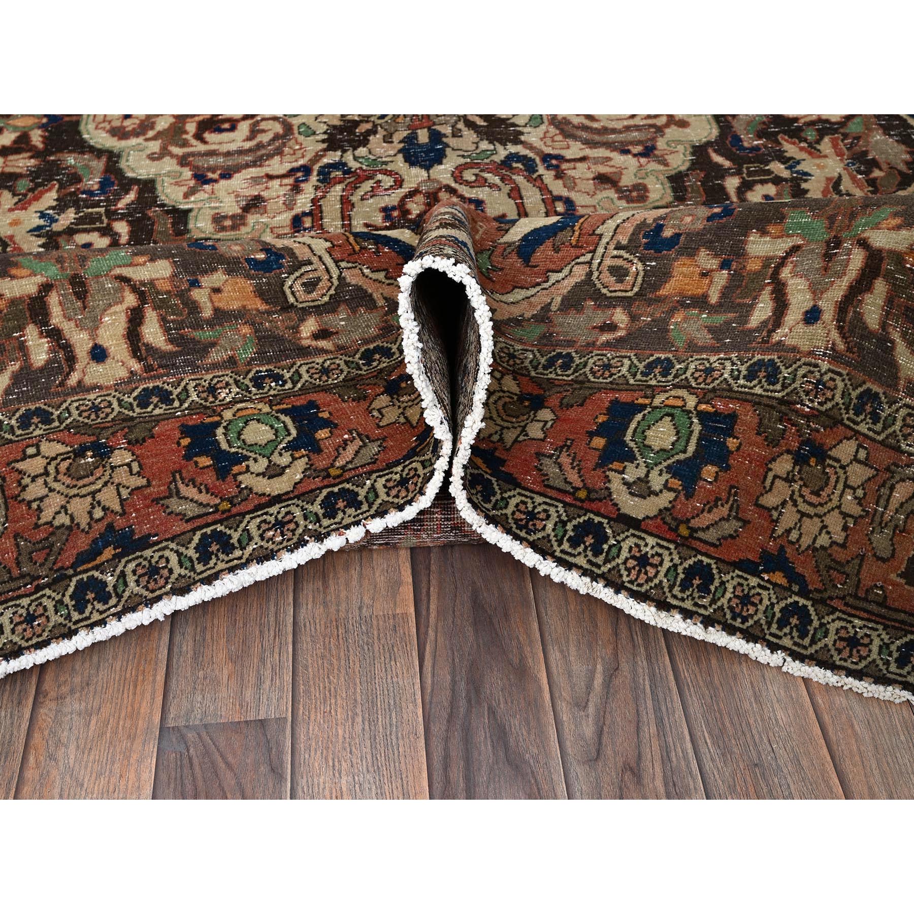 6'8"x10'1" Coral Red, Vintage Persian Bakhtiar with Large Medallion Design, Sheared Low, Zero Pile, Even Wear, Sides and Ends Professionally Secured, Good Condition, Hand Knotted, 100% Wool, Oriental Rug Sh1027