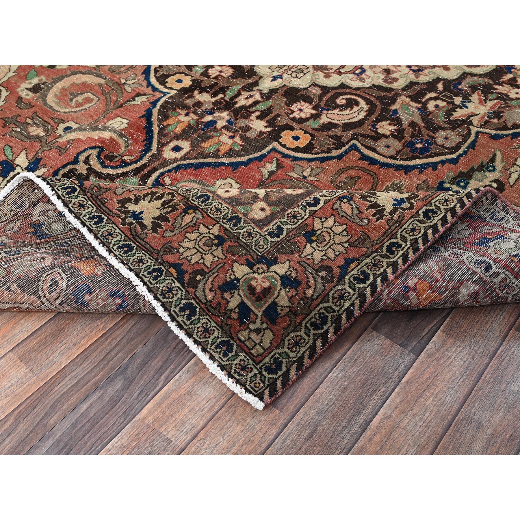 6'8"x10'1" Coral Red, Vintage Persian Bakhtiar with Large Medallion Design, Sheared Low, Zero Pile, Even Wear, Sides and Ends Professionally Secured, Good Condition, Hand Knotted, 100% Wool, Oriental Rug Sh1027