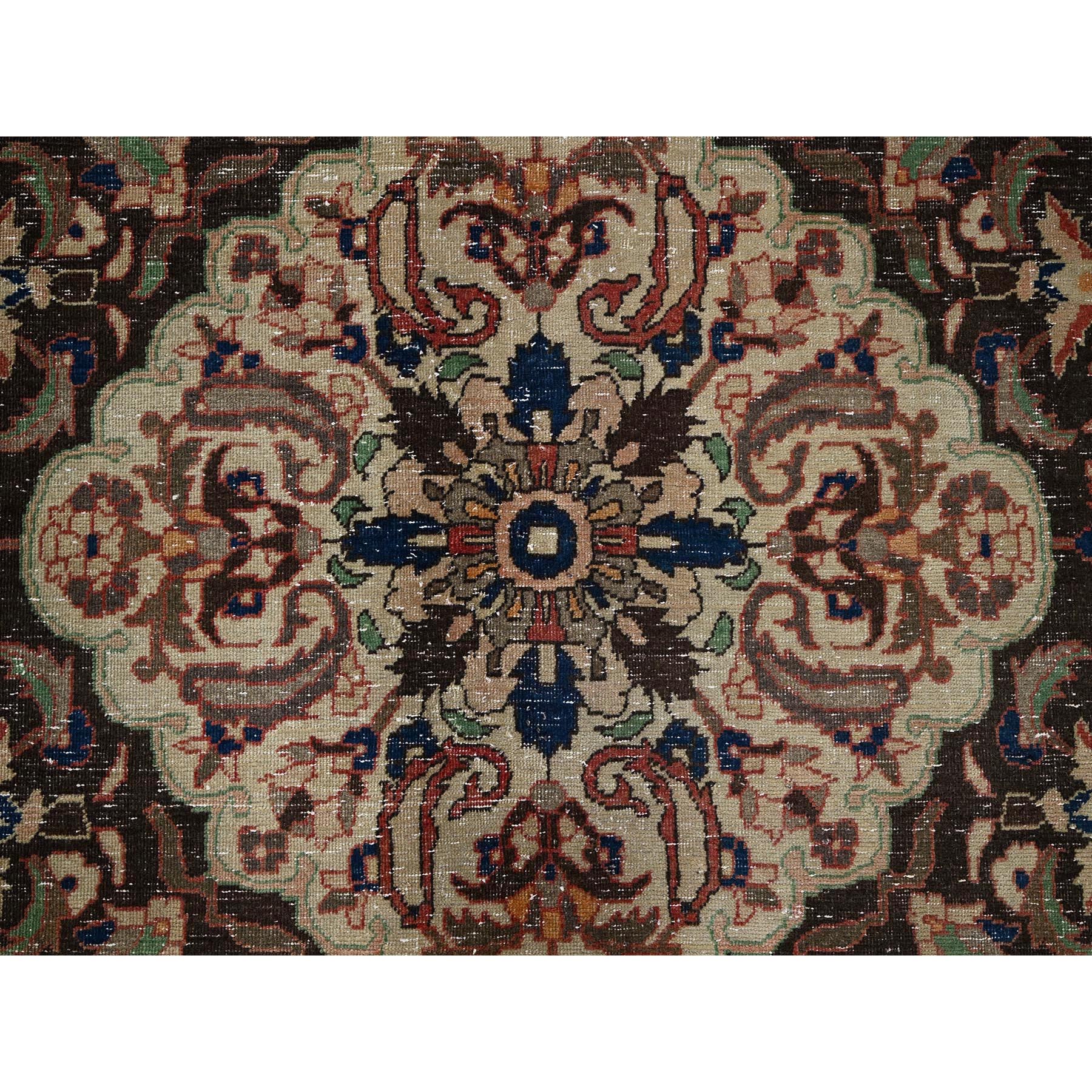 6'8"x10'1" Coral Red, Vintage Persian Bakhtiar with Large Medallion Design, Sheared Low, Zero Pile, Even Wear, Sides and Ends Professionally Secured, Good Condition, Hand Knotted, 100% Wool, Oriental Rug Sh1027