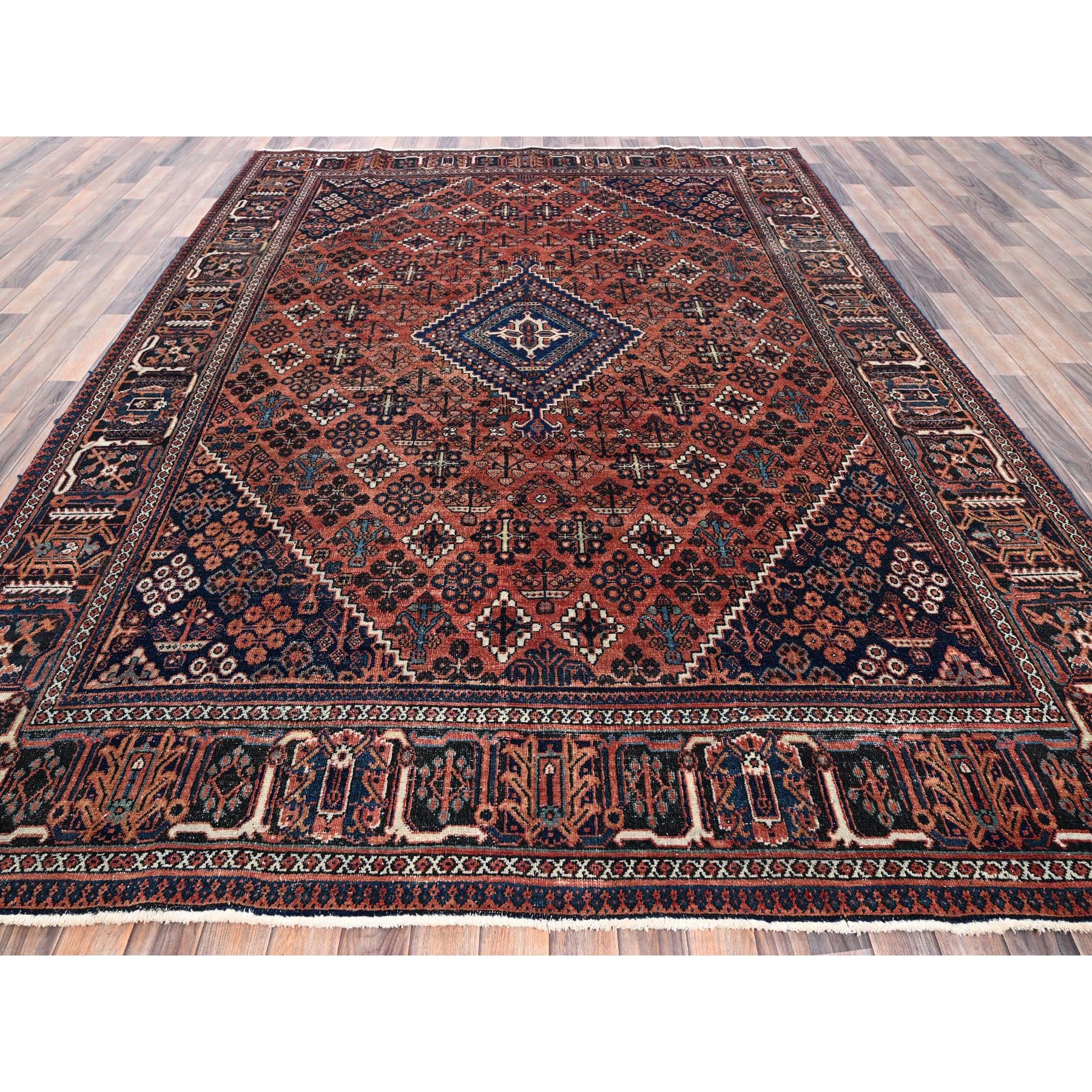 8'x11'1" Terracotta Red, Vintage Persian Joshagan with Geometric Medallion, Worn Down, Sheared Low, Zero Pile, Evenly Worn, Sides and Ends Professionally Secured, Hand Knotted, 100% Wool, Oriental Rug Sh1028