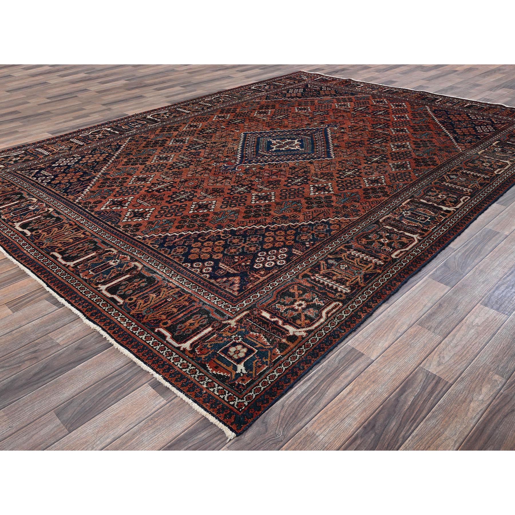 8'x11'1" Terracotta Red, Vintage Persian Joshagan with Geometric Medallion, Worn Down, Sheared Low, Zero Pile, Evenly Worn, Sides and Ends Professionally Secured, Hand Knotted, 100% Wool, Oriental Rug Sh1028