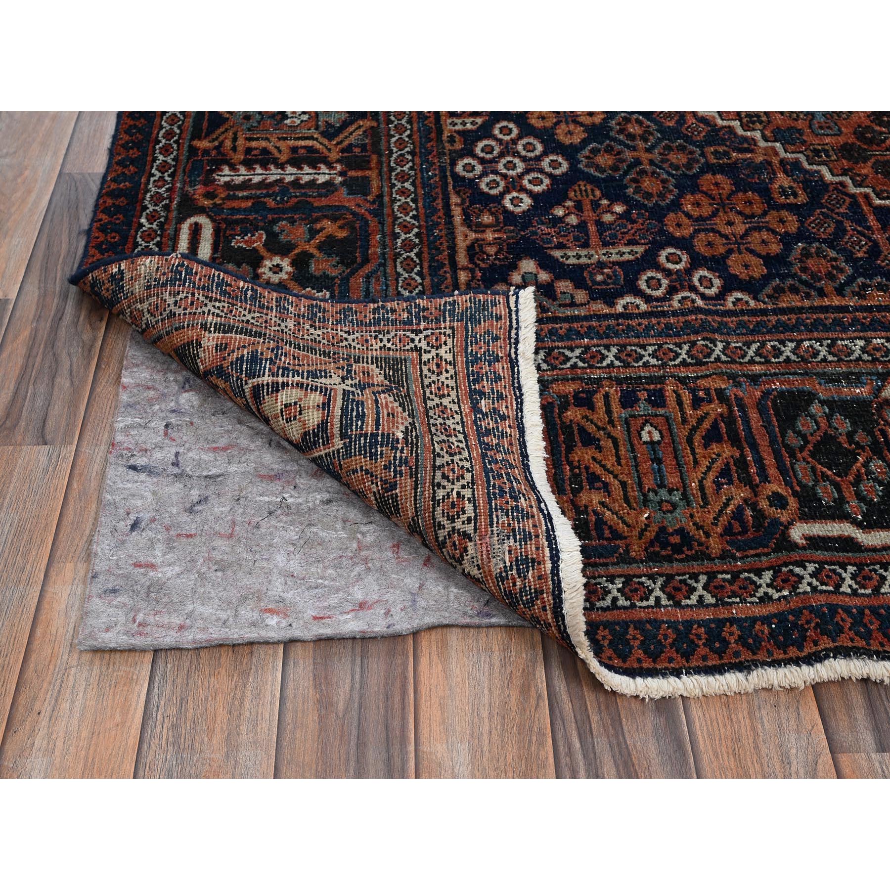 8'x11'1" Terracotta Red, Vintage Persian Joshagan with Geometric Medallion, Worn Down, Sheared Low, Zero Pile, Evenly Worn, Sides and Ends Professionally Secured, Hand Knotted, 100% Wool, Oriental Rug Sh1028