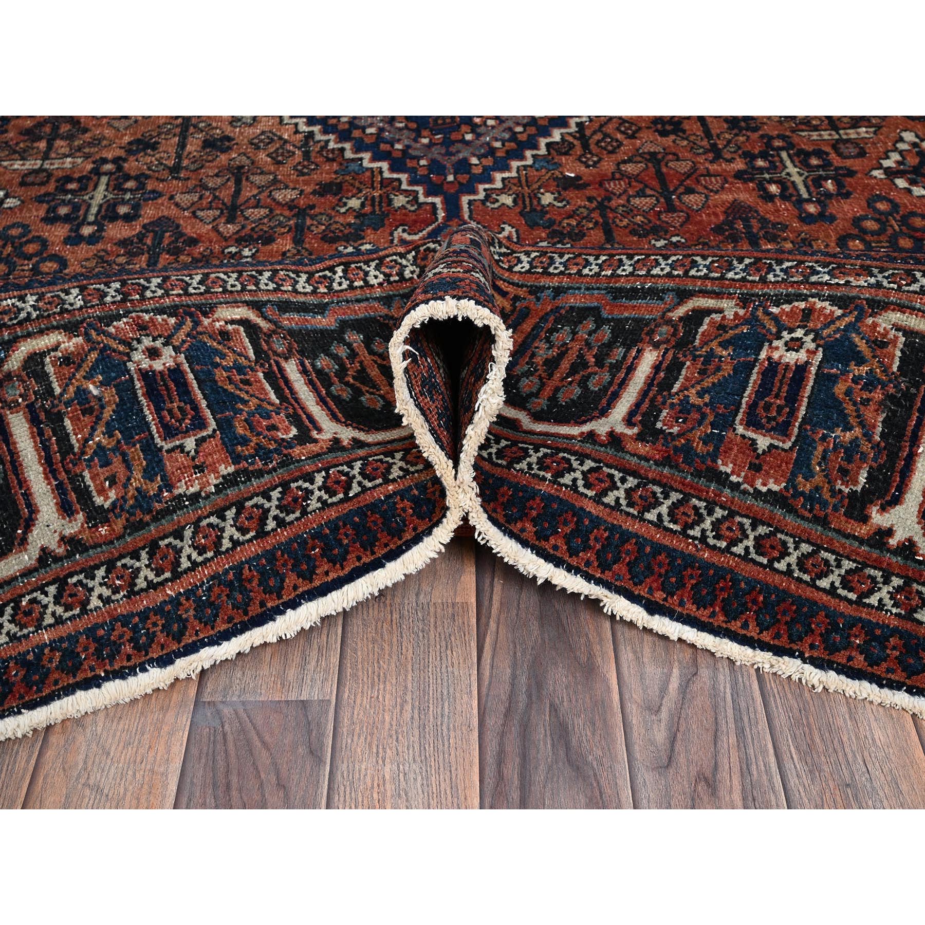 8'x11'1" Terracotta Red, Vintage Persian Joshagan with Geometric Medallion, Worn Down, Sheared Low, Zero Pile, Evenly Worn, Sides and Ends Professionally Secured, Hand Knotted, 100% Wool, Oriental Rug Sh1028