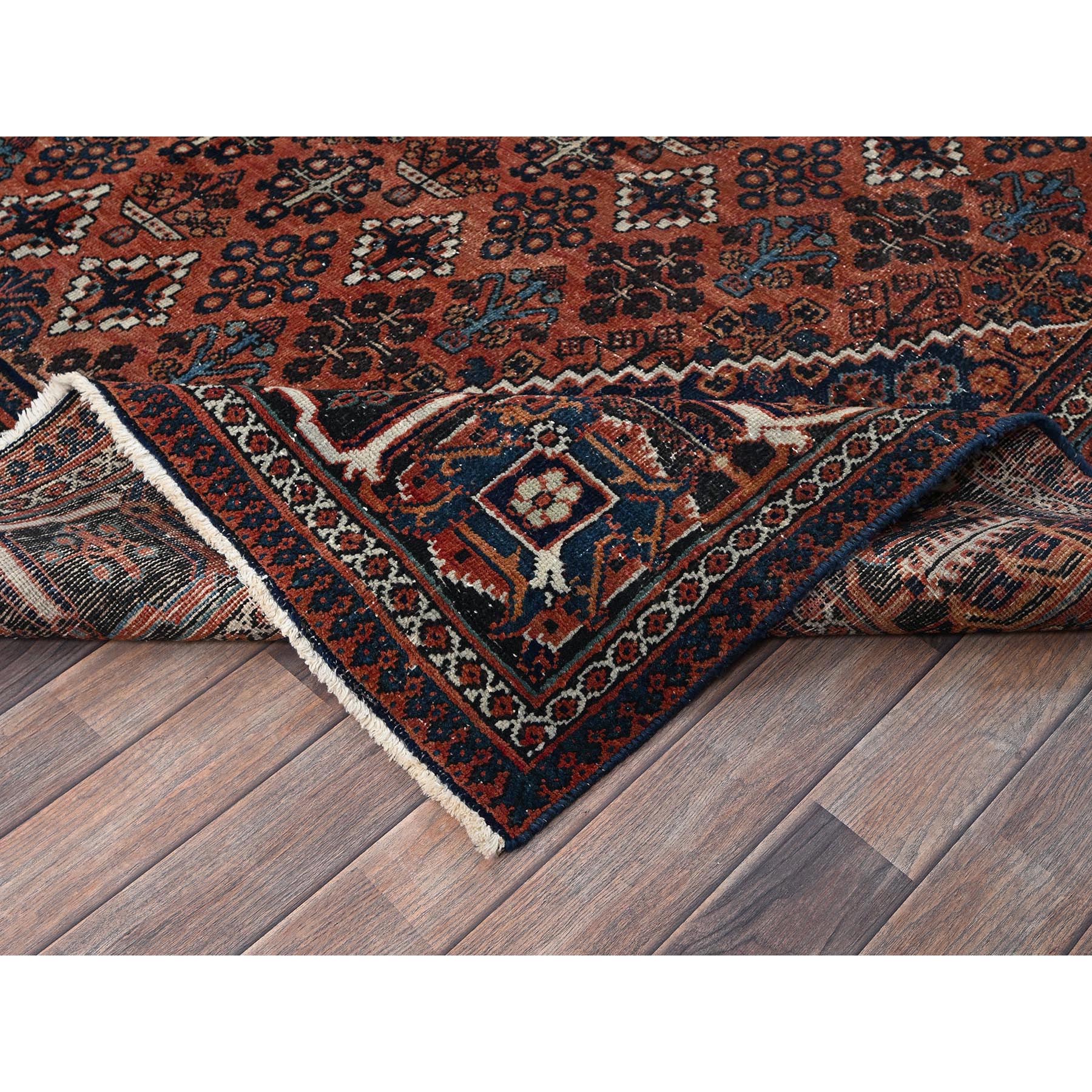 8'x11'1" Terracotta Red, Vintage Persian Joshagan with Geometric Medallion, Worn Down, Sheared Low, Zero Pile, Evenly Worn, Sides and Ends Professionally Secured, Hand Knotted, 100% Wool, Oriental Rug Sh1028