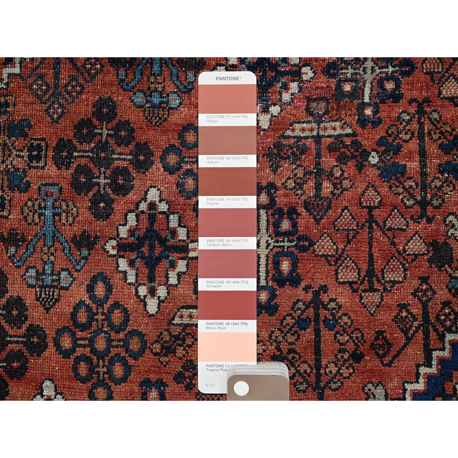 8'x11'1" Terracotta Red, Vintage Persian Joshagan with Geometric Medallion, Worn Down, Sheared Low, Zero Pile, Evenly Worn, Sides and Ends Professionally Secured, Hand Knotted, 100% Wool, Oriental Rug Sh1028