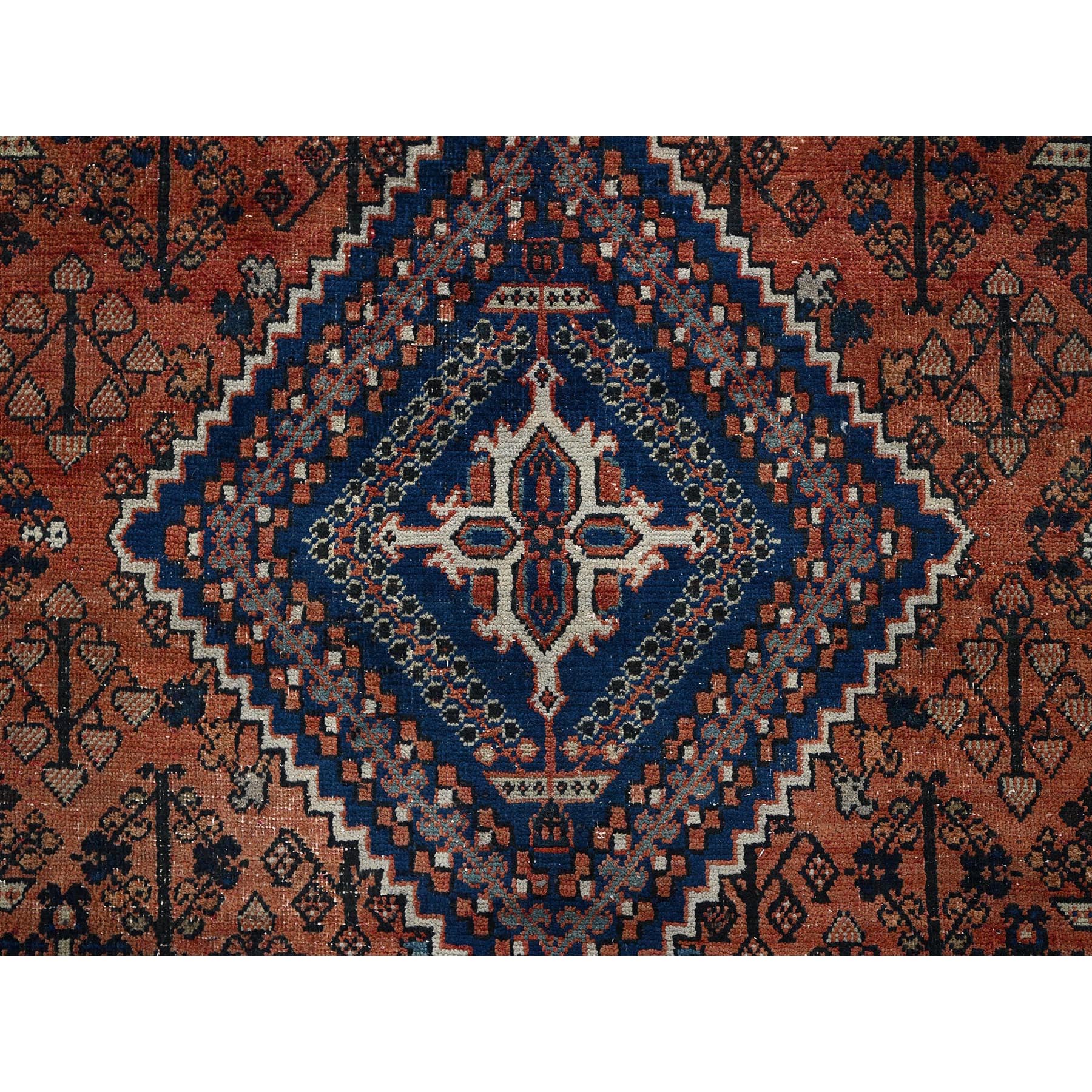 8'x11'1" Terracotta Red, Vintage Persian Joshagan with Geometric Medallion, Worn Down, Sheared Low, Zero Pile, Evenly Worn, Sides and Ends Professionally Secured, Hand Knotted, 100% Wool, Oriental Rug Sh1028