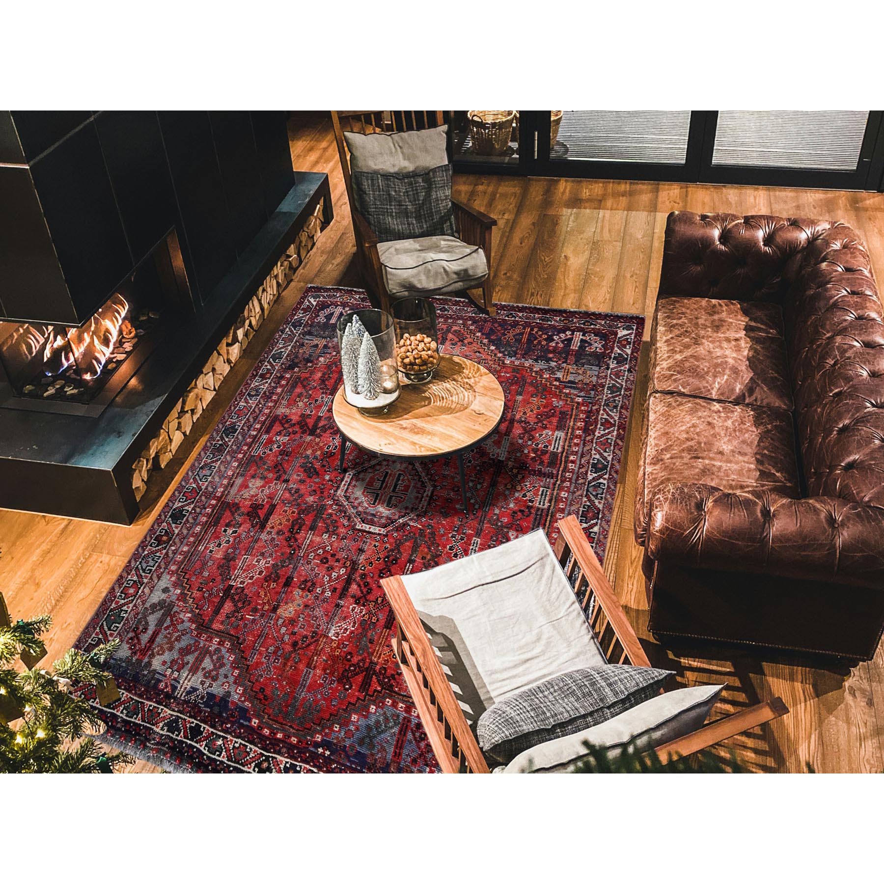 6'6"x9' Crimson Red, Vintage Persian Shiraz with All Over Design, Worn and Distressed, Sheared Low, Zero Pile, Sides and Ends Professionally Secured, Hand Knotted, 100% Wool, Oriental Rug Sh1029