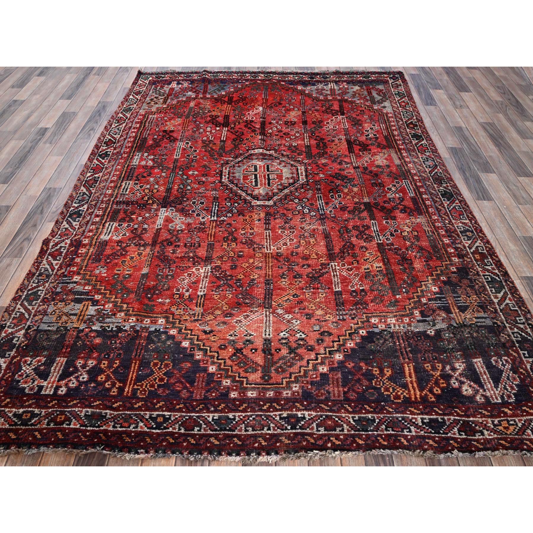 6'6"x9' Crimson Red, Vintage Persian Shiraz with All Over Design, Worn and Distressed, Sheared Low, Zero Pile, Sides and Ends Professionally Secured, Hand Knotted, 100% Wool, Oriental Rug Sh1029