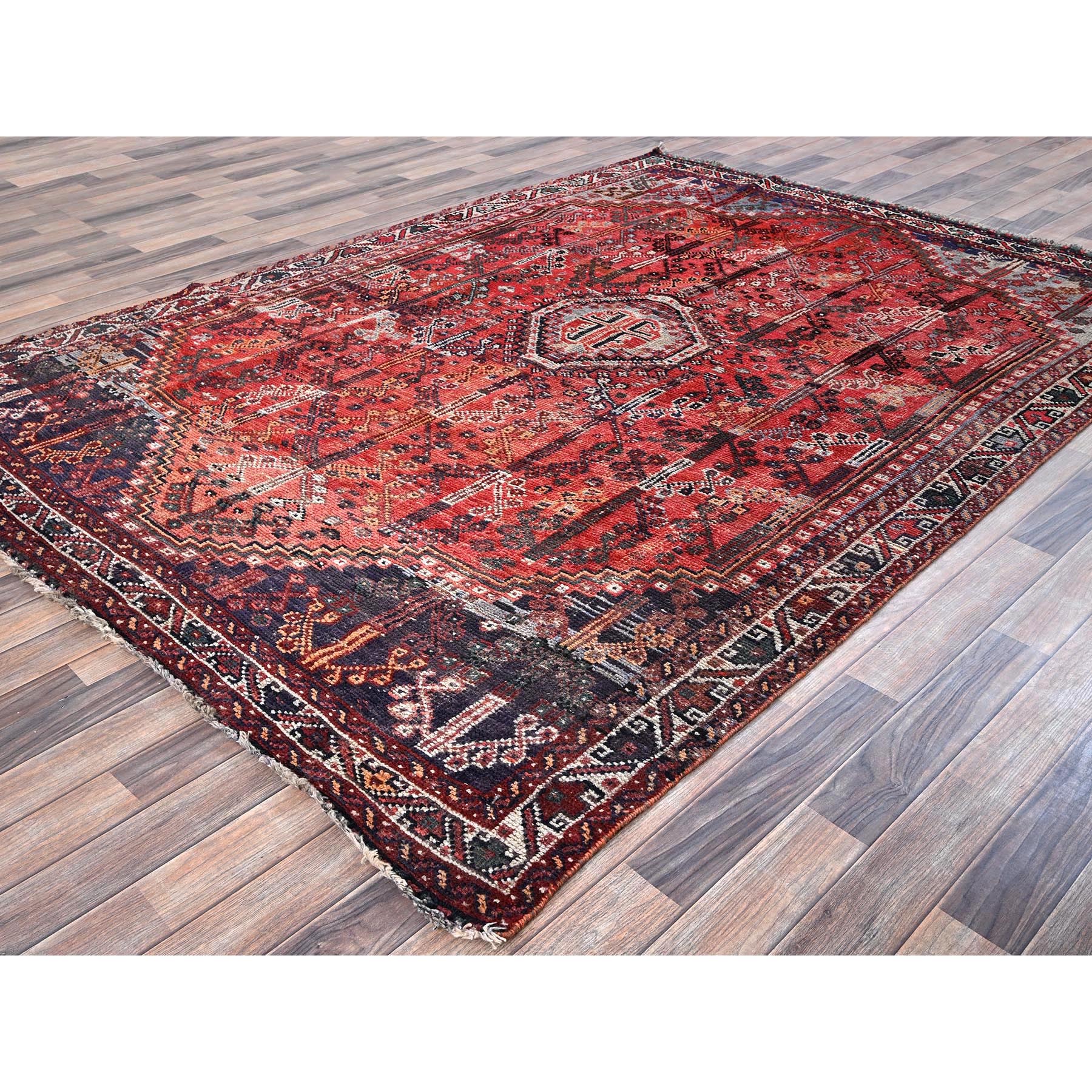 6'6"x9' Crimson Red, Vintage Persian Shiraz with All Over Design, Worn and Distressed, Sheared Low, Zero Pile, Sides and Ends Professionally Secured, Hand Knotted, 100% Wool, Oriental Rug Sh1029