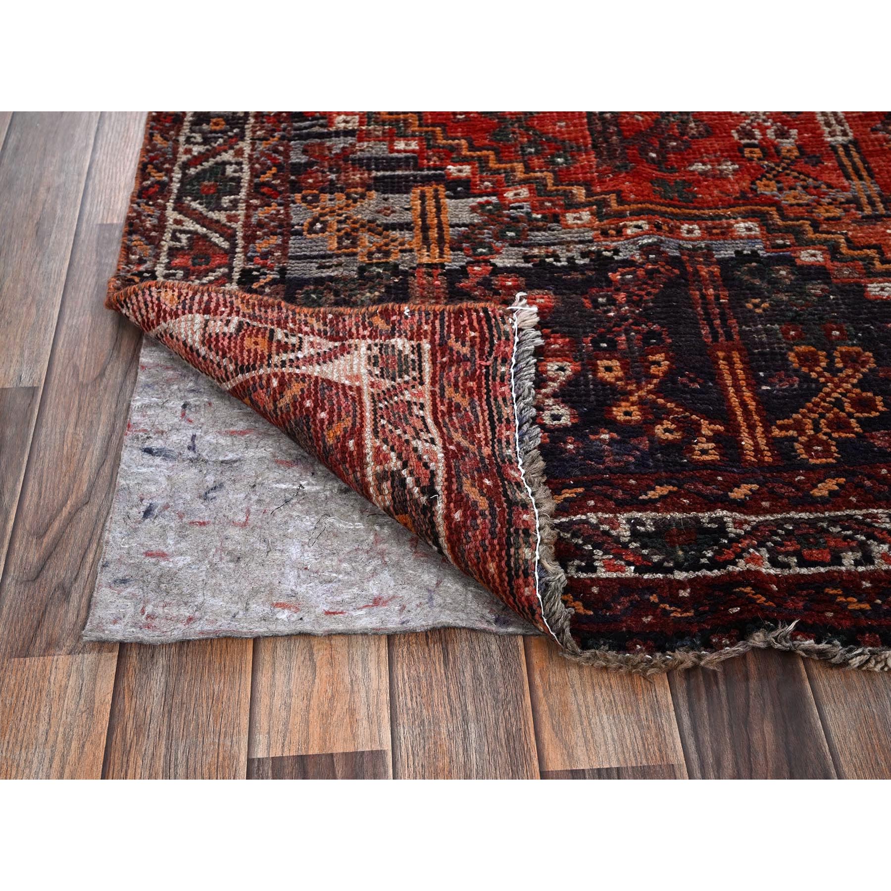 6'6"x9' Crimson Red, Vintage Persian Shiraz with All Over Design, Worn and Distressed, Sheared Low, Zero Pile, Sides and Ends Professionally Secured, Hand Knotted, 100% Wool, Oriental Rug Sh1029