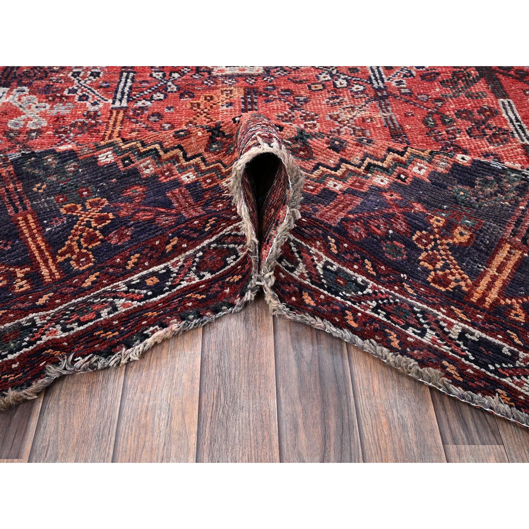 6'6"x9' Crimson Red, Vintage Persian Shiraz with All Over Design, Worn and Distressed, Sheared Low, Zero Pile, Sides and Ends Professionally Secured, Hand Knotted, 100% Wool, Oriental Rug Sh1029