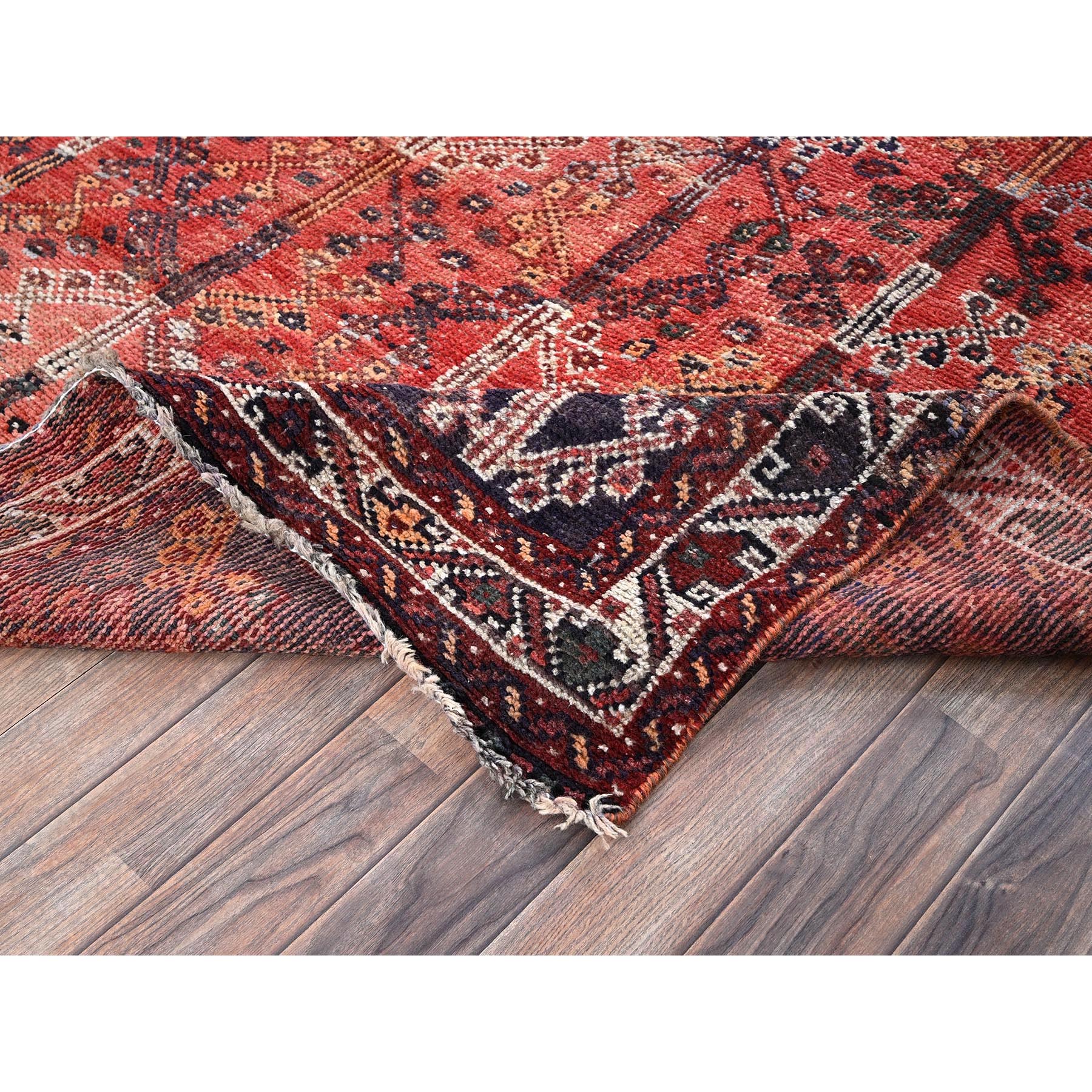 6'6"x9' Crimson Red, Vintage Persian Shiraz with All Over Design, Worn and Distressed, Sheared Low, Zero Pile, Sides and Ends Professionally Secured, Hand Knotted, 100% Wool, Oriental Rug Sh1029
