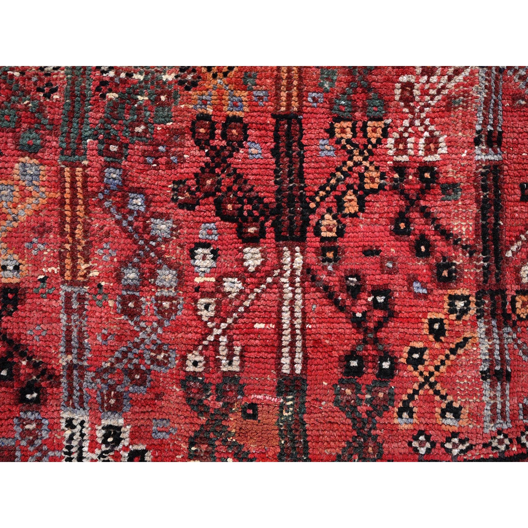 6'6"x9' Crimson Red, Vintage Persian Shiraz with All Over Design, Worn and Distressed, Sheared Low, Zero Pile, Sides and Ends Professionally Secured, Hand Knotted, 100% Wool, Oriental Rug Sh1029