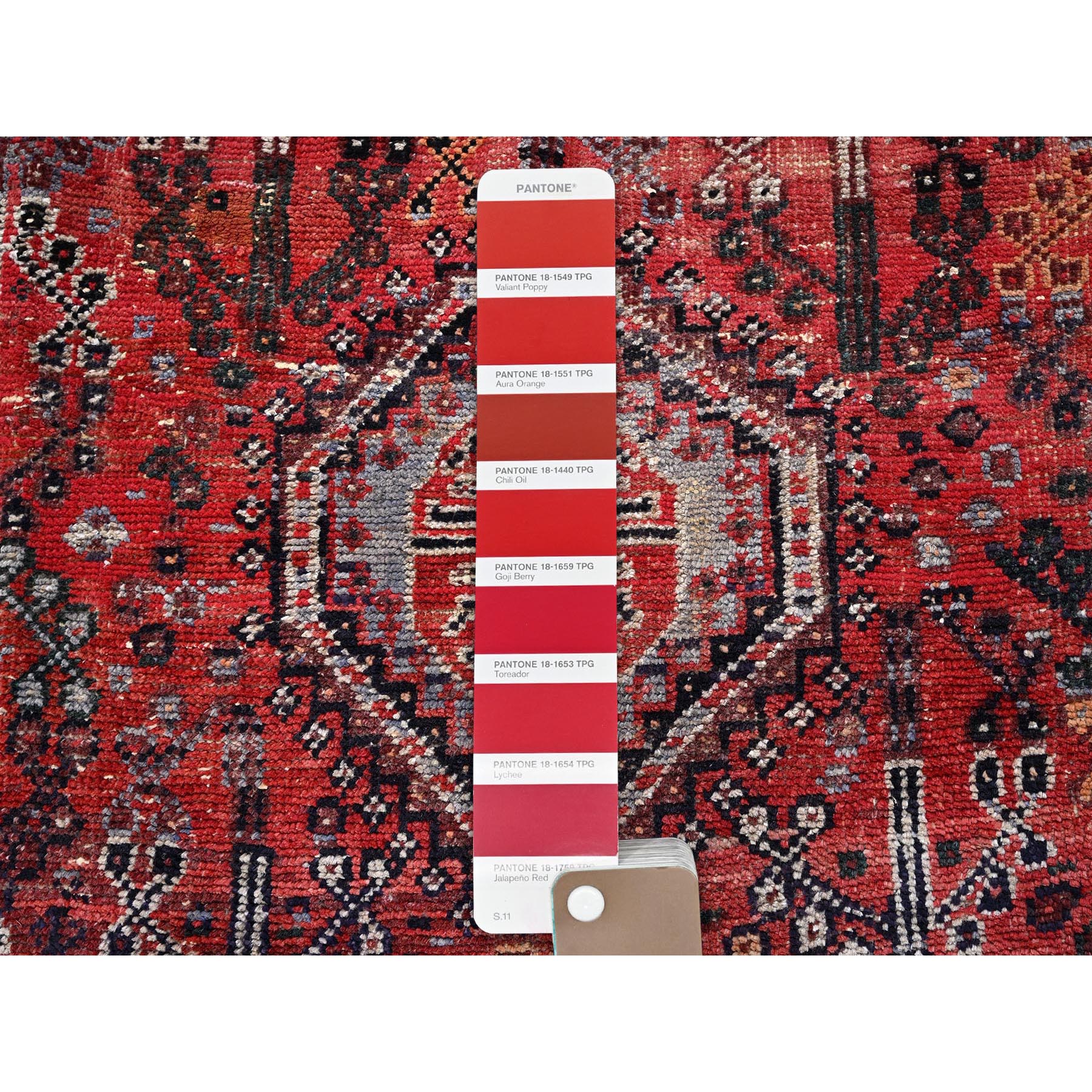 6'6"x9' Crimson Red, Vintage Persian Shiraz with All Over Design, Worn and Distressed, Sheared Low, Zero Pile, Sides and Ends Professionally Secured, Hand Knotted, 100% Wool, Oriental Rug Sh1029