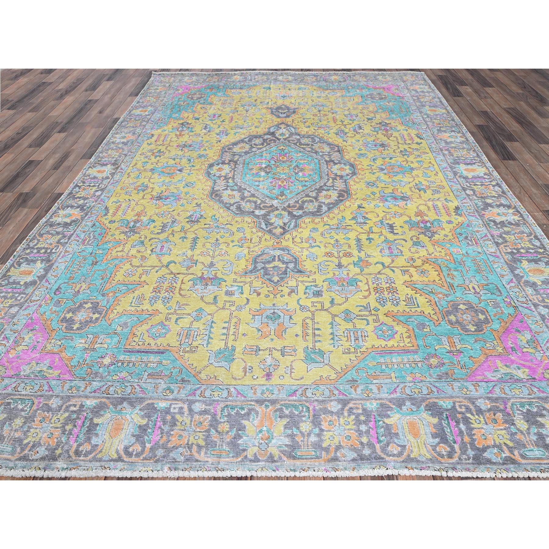 7'8"x10'8" Pear Yellow, Painted Vintage Persian Tabriz, Colorfest, Evenly Worn, Cropped Thin, Zero Pile, Sides and Ends Professionally Secured, Hand Knotted, 100% Wool, Oriental Rug Sh1030