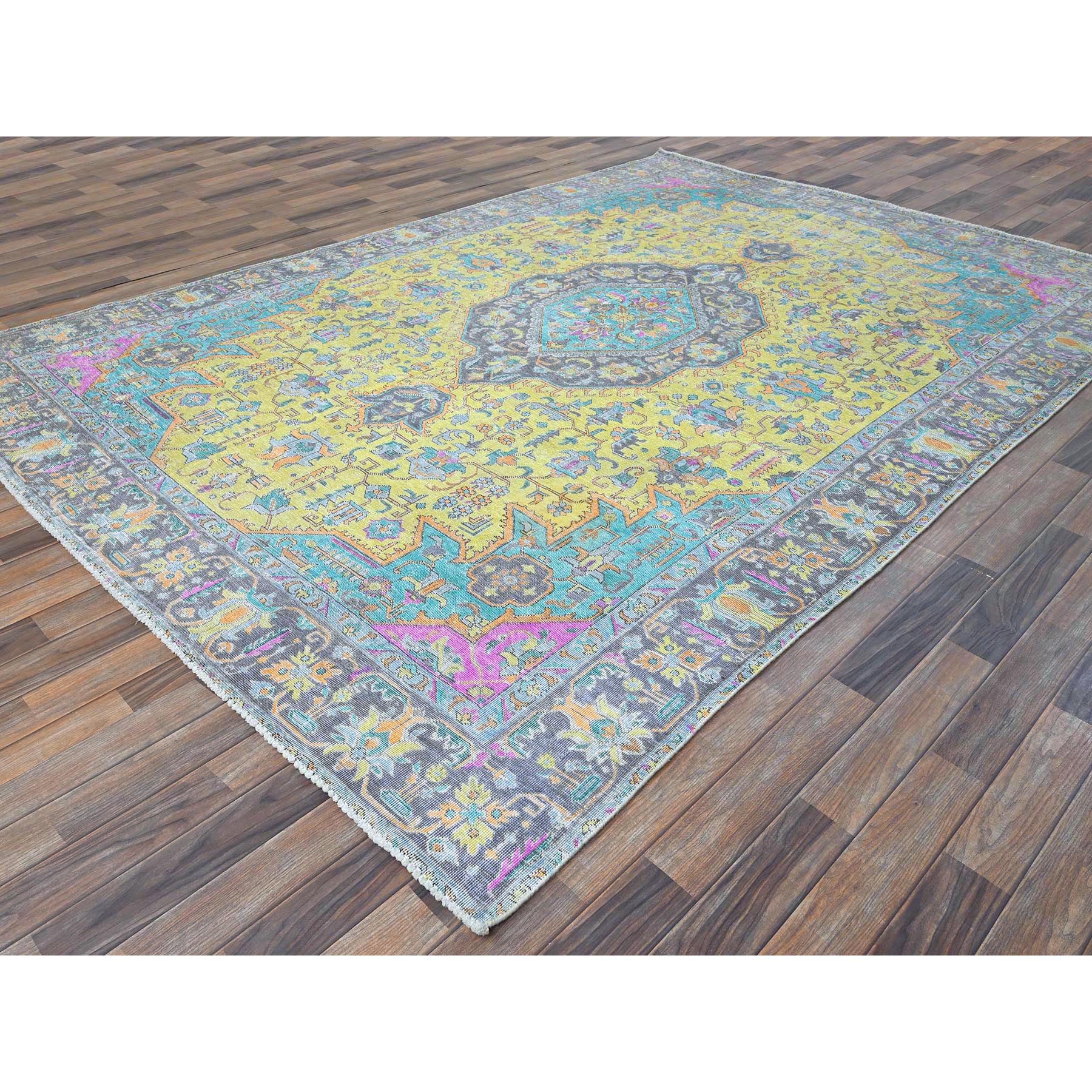 7'8"x10'8" Pear Yellow, Painted Vintage Persian Tabriz, Colorfest, Evenly Worn, Cropped Thin, Zero Pile, Sides and Ends Professionally Secured, Hand Knotted, 100% Wool, Oriental Rug Sh1030