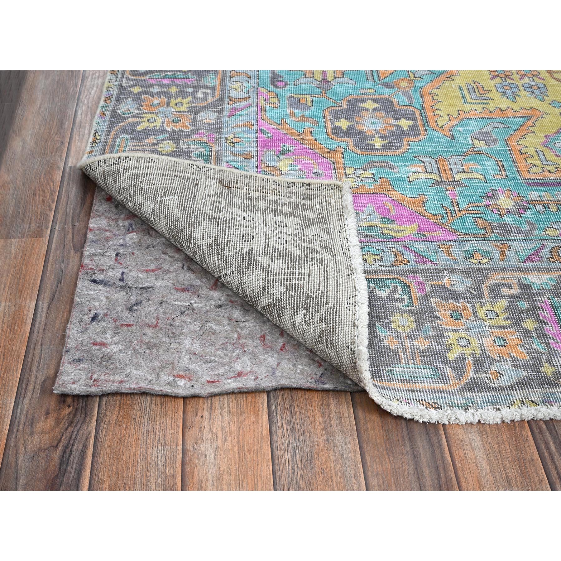 7'8"x10'8" Pear Yellow, Painted Vintage Persian Tabriz, Colorfest, Evenly Worn, Cropped Thin, Zero Pile, Sides and Ends Professionally Secured, Hand Knotted, 100% Wool, Oriental Rug Sh1030