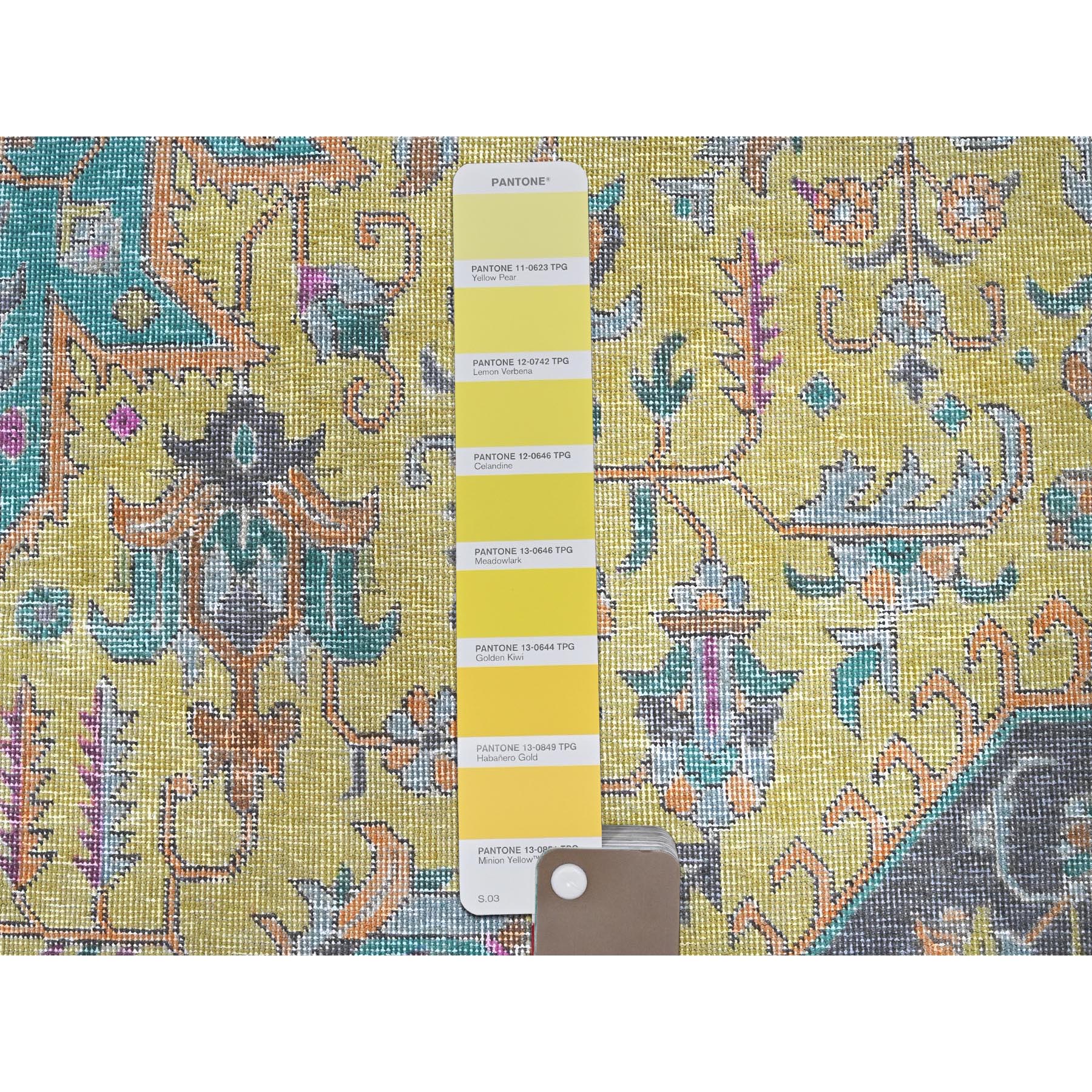 7'8"x10'8" Pear Yellow, Painted Vintage Persian Tabriz, Colorfest, Evenly Worn, Cropped Thin, Zero Pile, Sides and Ends Professionally Secured, Hand Knotted, 100% Wool, Oriental Rug Sh1030