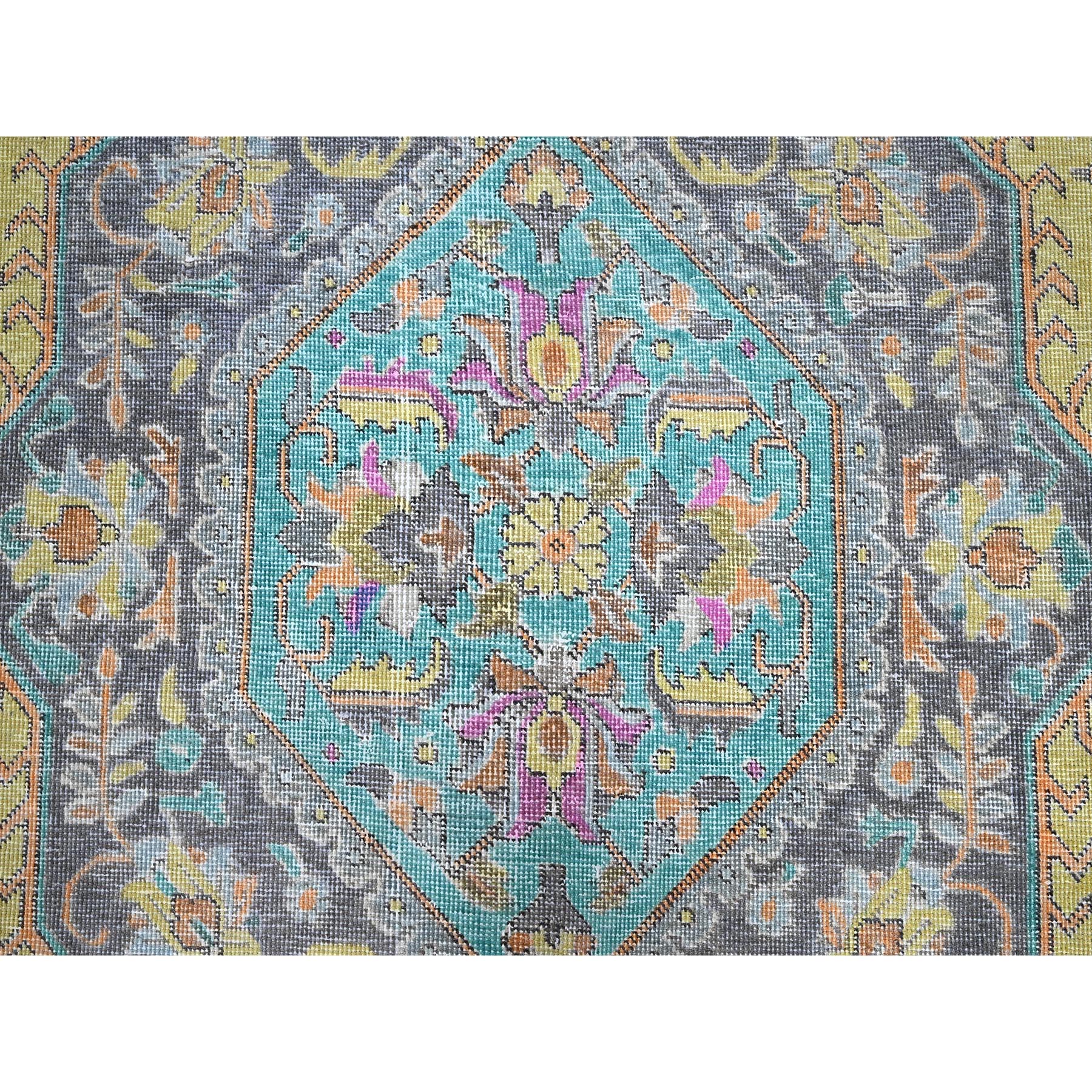 7'8"x10'8" Pear Yellow, Painted Vintage Persian Tabriz, Colorfest, Evenly Worn, Cropped Thin, Zero Pile, Sides and Ends Professionally Secured, Hand Knotted, 100% Wool, Oriental Rug Sh1030