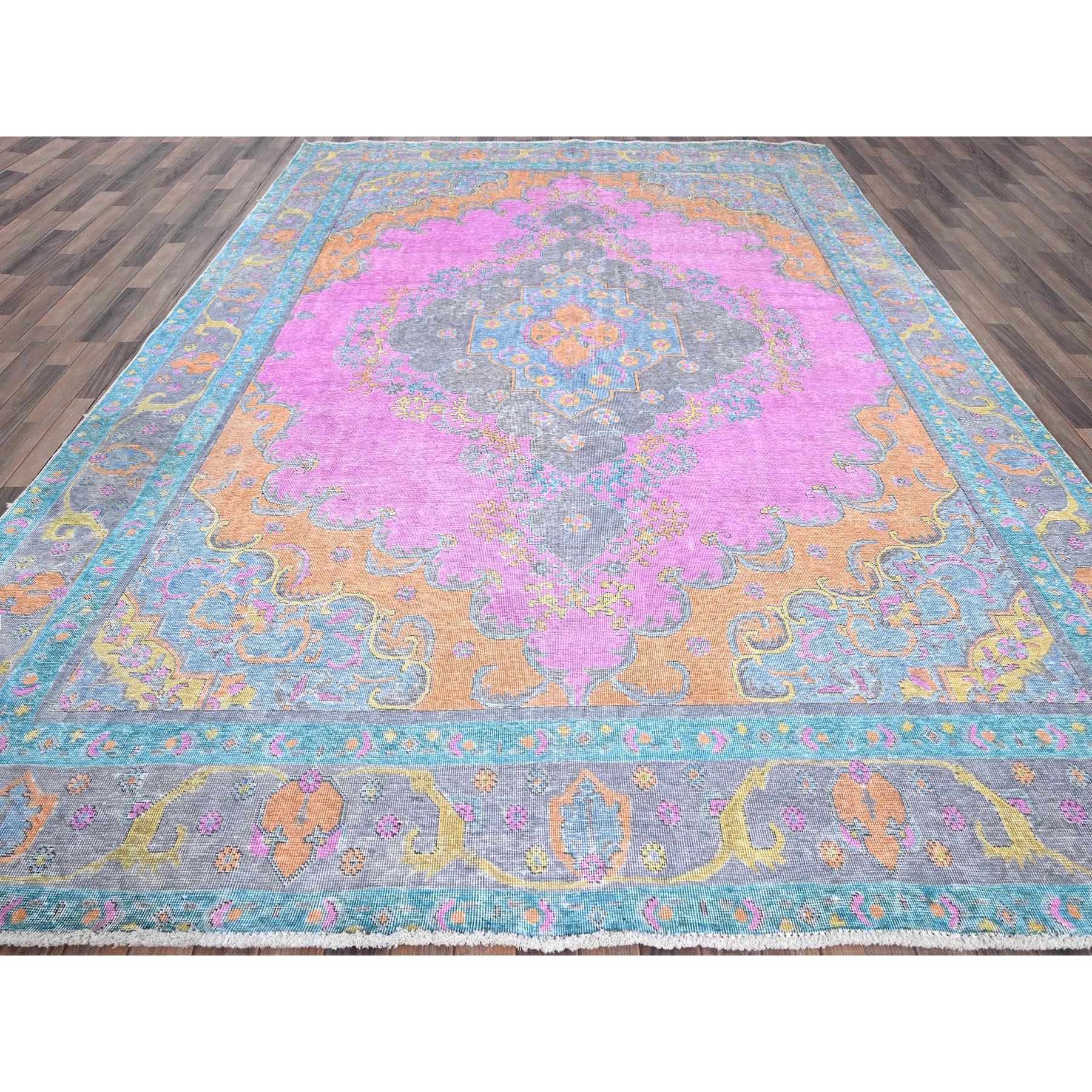 9'2"x12' Fuscia Pink, Painted Vintage Persian Tabriz, Colorfest, Cropped Thin, Evenly Worn, Zero Pile, Sides and Ends Professionally Secured, Hand Knotted, 100% Wool, Oriental Rug Sh1031