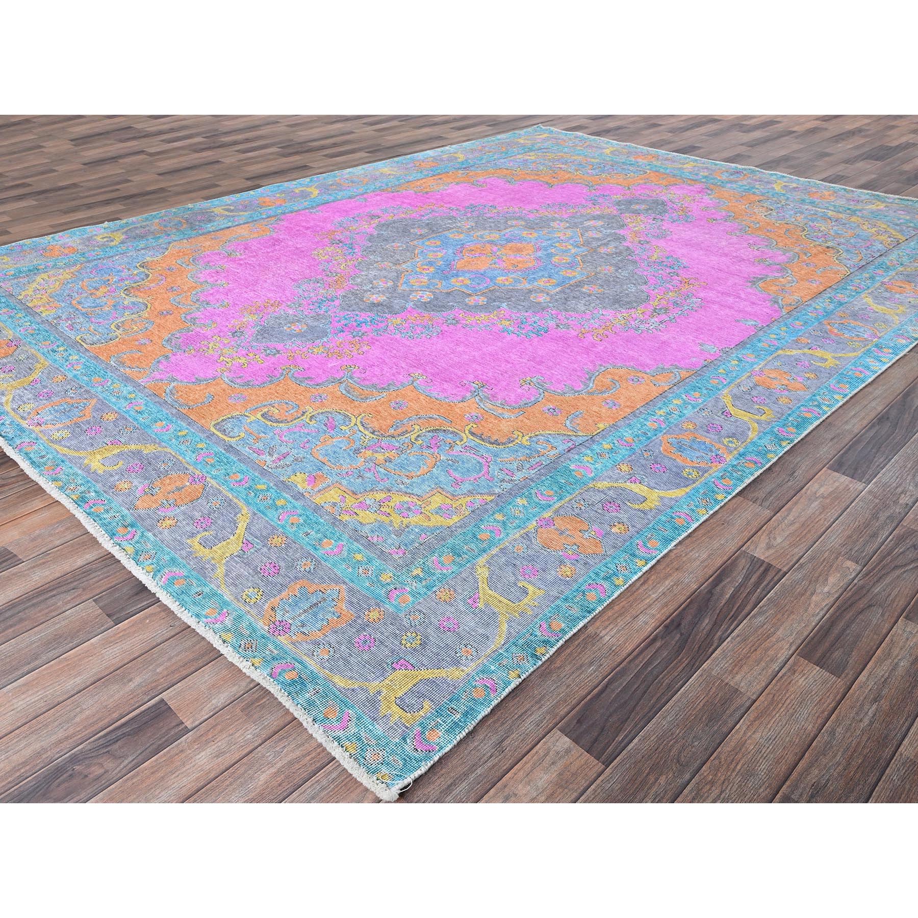 9'2"x12' Fuscia Pink, Painted Vintage Persian Tabriz, Colorfest, Cropped Thin, Evenly Worn, Zero Pile, Sides and Ends Professionally Secured, Hand Knotted, 100% Wool, Oriental Rug Sh1031