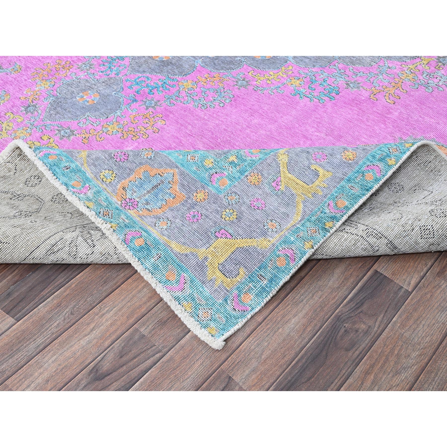 9'2"x12' Fuscia Pink, Painted Vintage Persian Tabriz, Colorfest, Cropped Thin, Evenly Worn, Zero Pile, Sides and Ends Professionally Secured, Hand Knotted, 100% Wool, Oriental Rug Sh1031