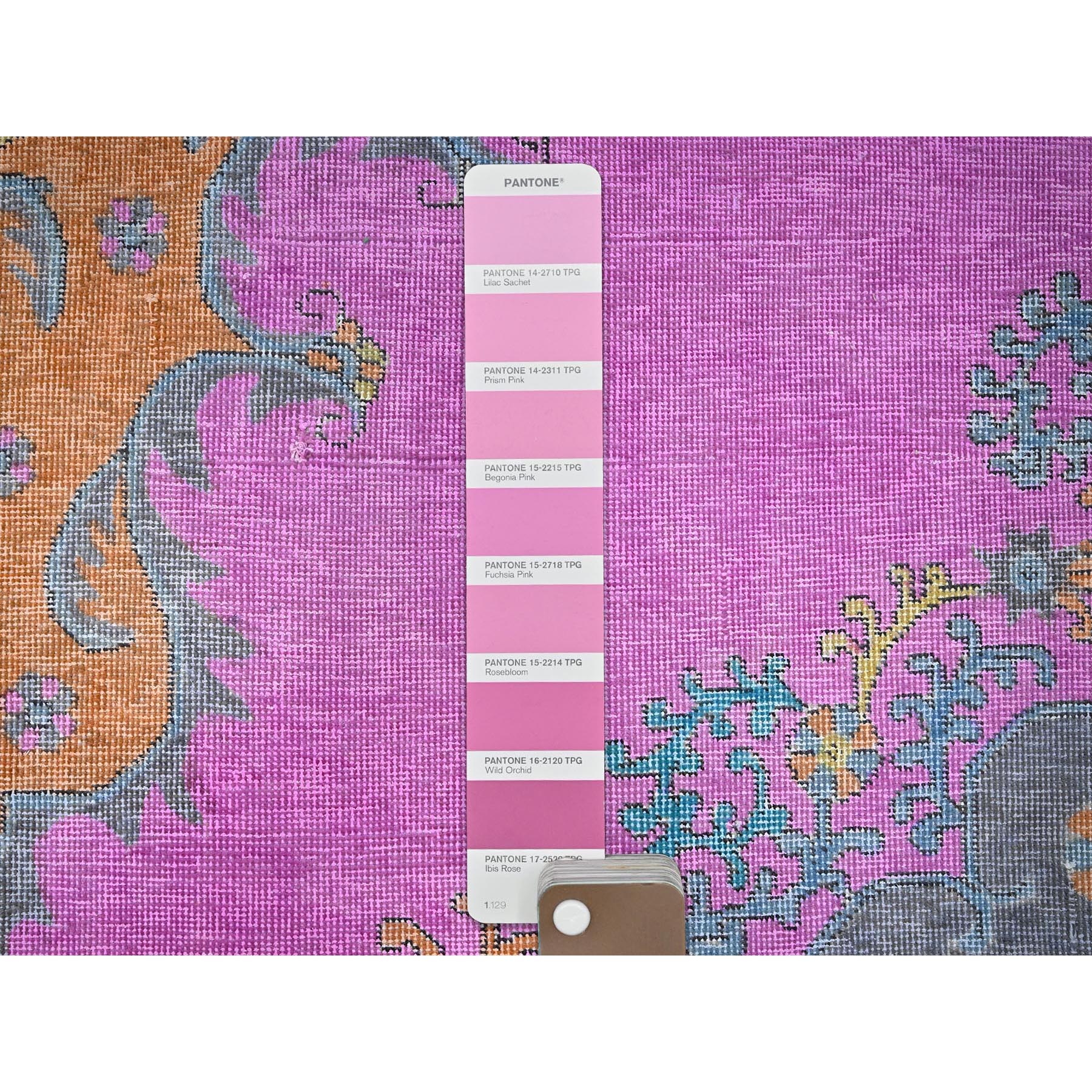 9'2"x12' Fuscia Pink, Painted Vintage Persian Tabriz, Colorfest, Cropped Thin, Evenly Worn, Zero Pile, Sides and Ends Professionally Secured, Hand Knotted, 100% Wool, Oriental Rug Sh1031