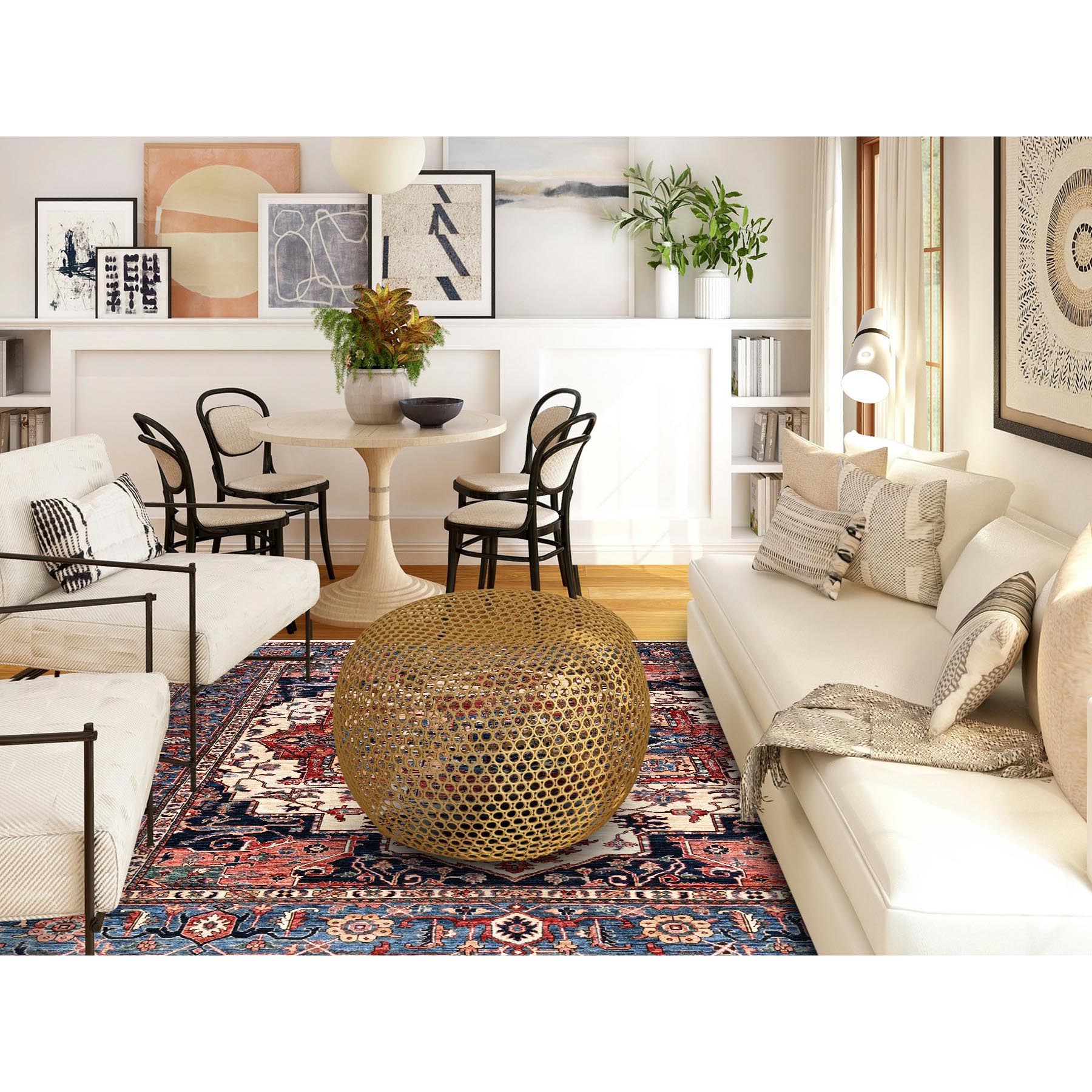 8'1"x10'1" Chiffon White, Aryana Grade, Serapi Heriz with Large Medallion Design, Vegetable Dyes, High Mountain Wool, Hand Knotted, Soft Pile, Densely Woven, Oriental Rug Sh1039