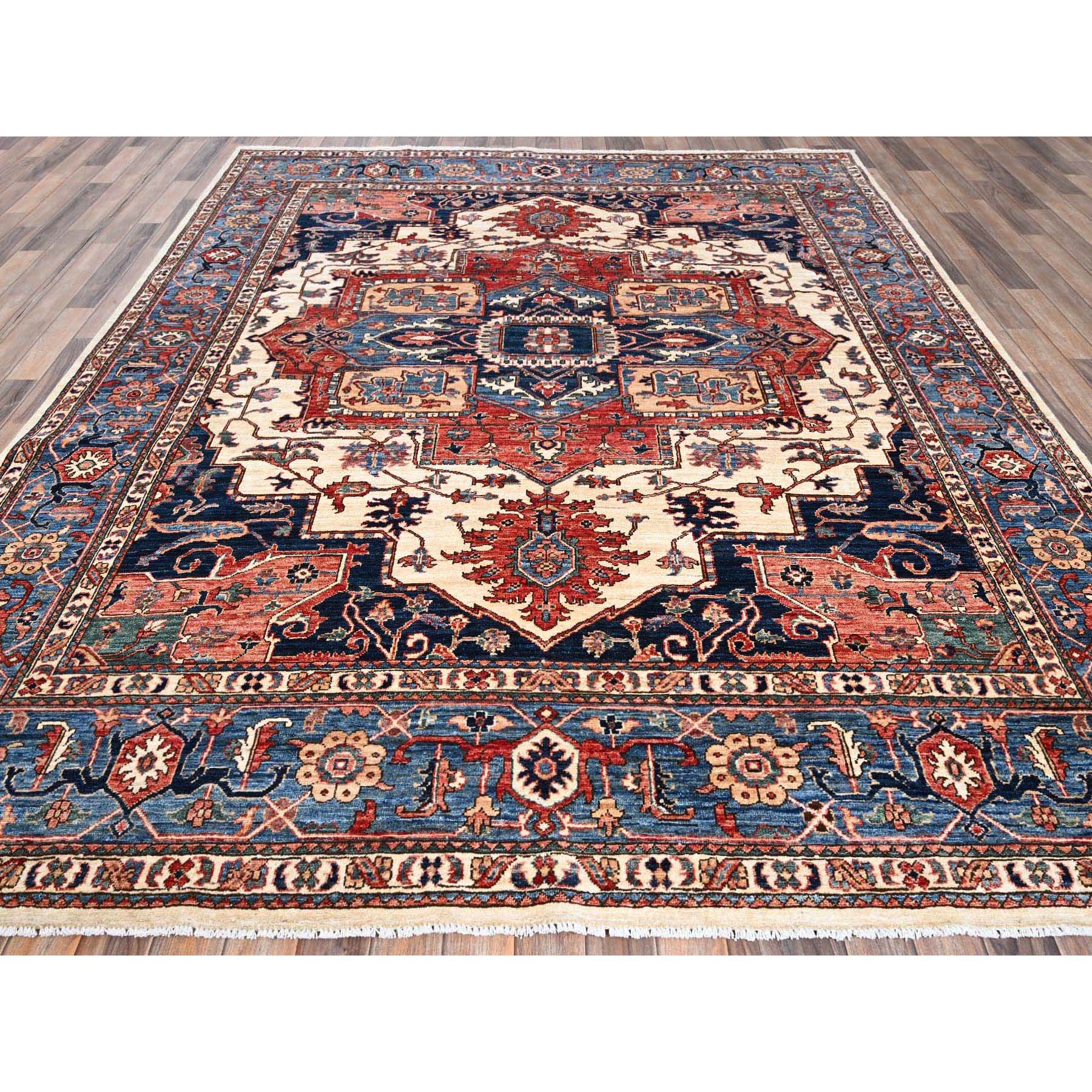 8'1"x10'1" Chiffon White, Aryana Grade, Serapi Heriz with Large Medallion Design, Vegetable Dyes, High Mountain Wool, Hand Knotted, Soft Pile, Densely Woven, Oriental Rug Sh1039