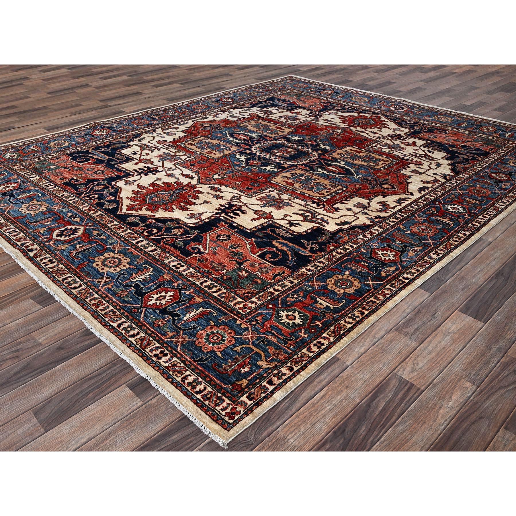 8'1"x10'1" Chiffon White, Aryana Grade, Serapi Heriz with Large Medallion Design, Vegetable Dyes, High Mountain Wool, Hand Knotted, Soft Pile, Densely Woven, Oriental Rug Sh1039
