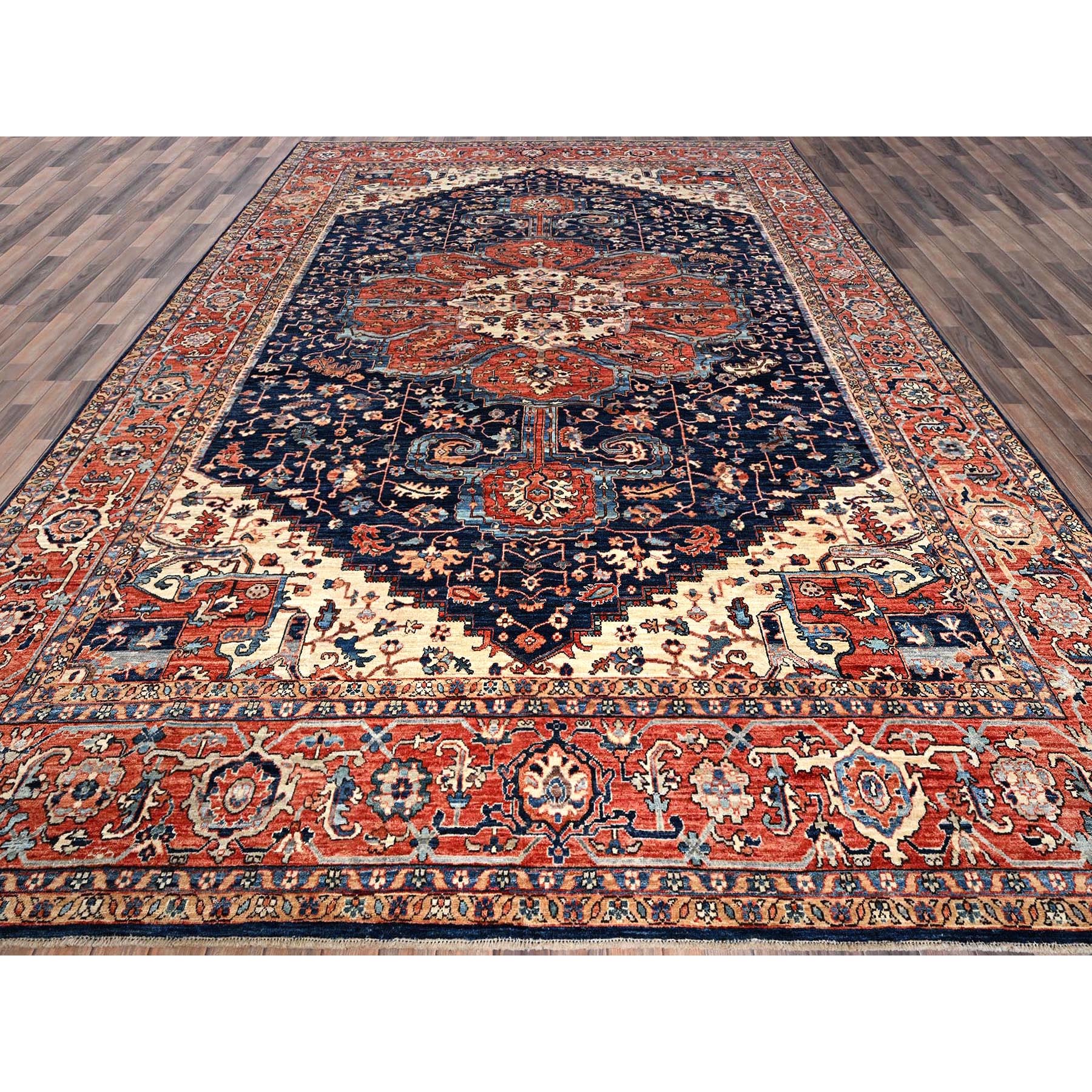 10'1"x14' Midnight Blue, Aryana Collection, Serapi Heriz with Flower Medallion Design, Vegetable Dyes, Soft Pile, High Mountain Wool, Hand Knotted, Densely Woven, Oriental Rug Sh1040