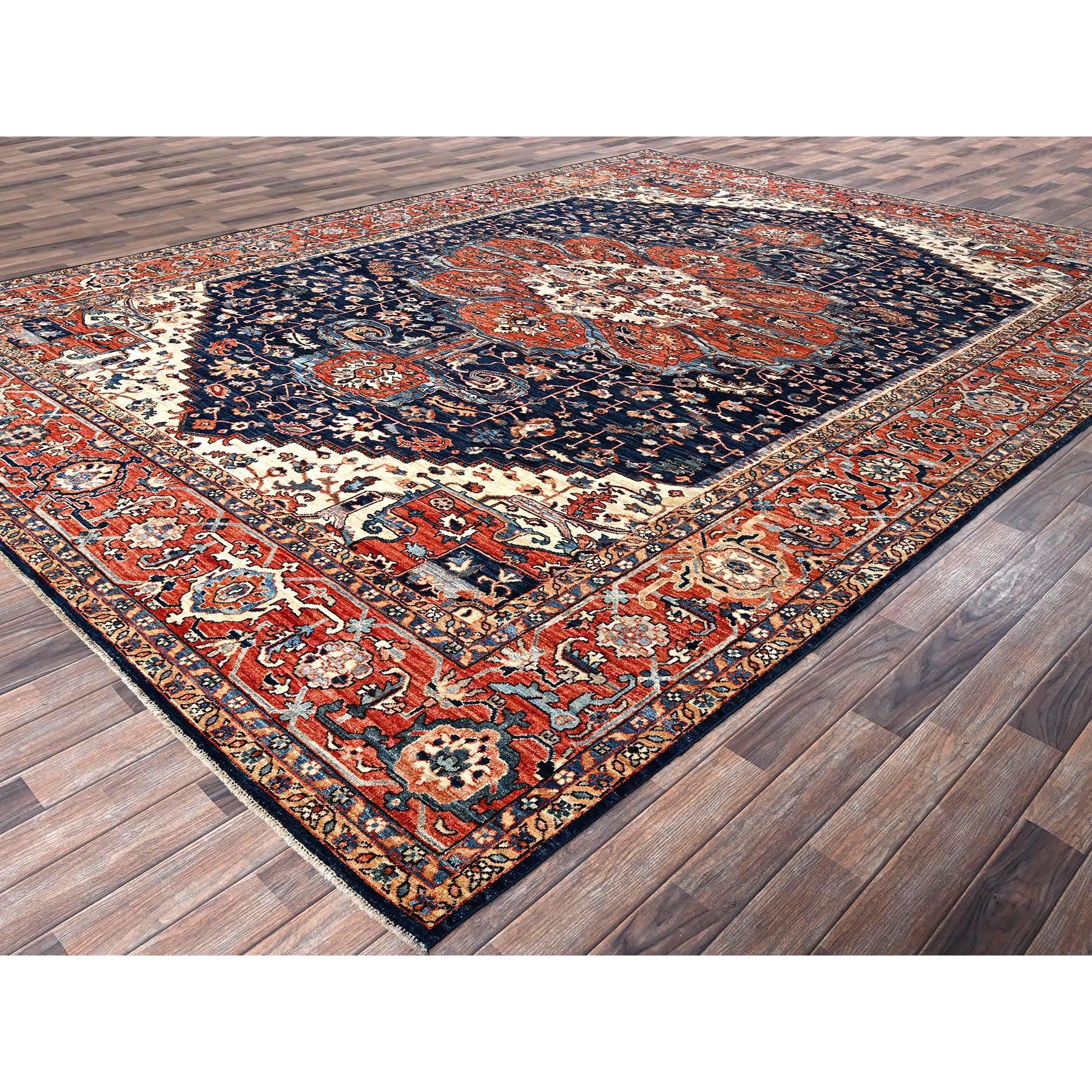 10'1"x14' Midnight Blue, Aryana Collection, Serapi Heriz with Flower Medallion Design, Vegetable Dyes, Soft Pile, High Mountain Wool, Hand Knotted, Densely Woven, Oriental Rug Sh1040