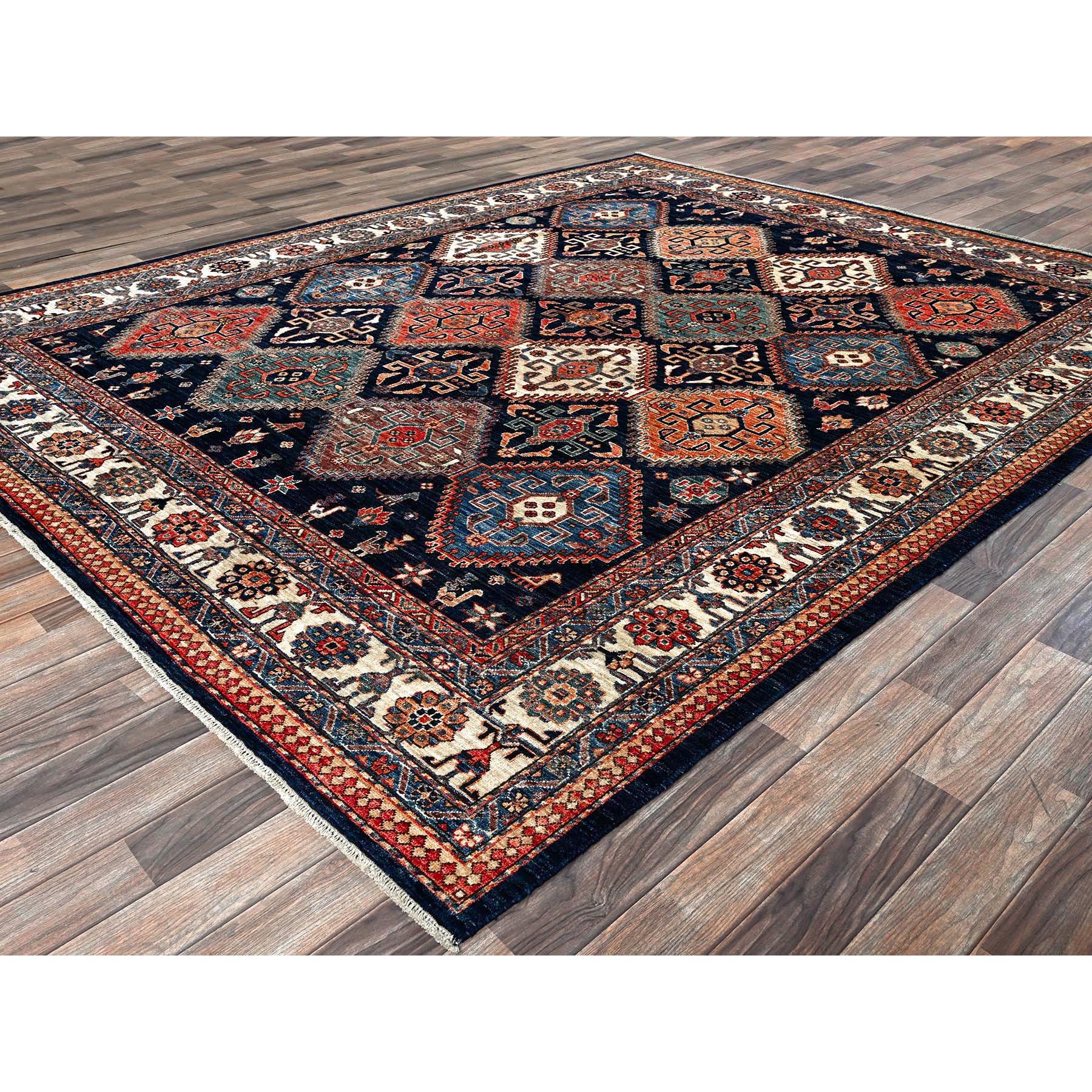 8'2"x10' Midnight Blue, Aryana Collection, All Over Geometric Medallions Qashqai Design, Vegetable Dyes, Soft Pile, High Mountain Wool, Hand Knotted, Densely Woven, Oriental Rug Sh1041