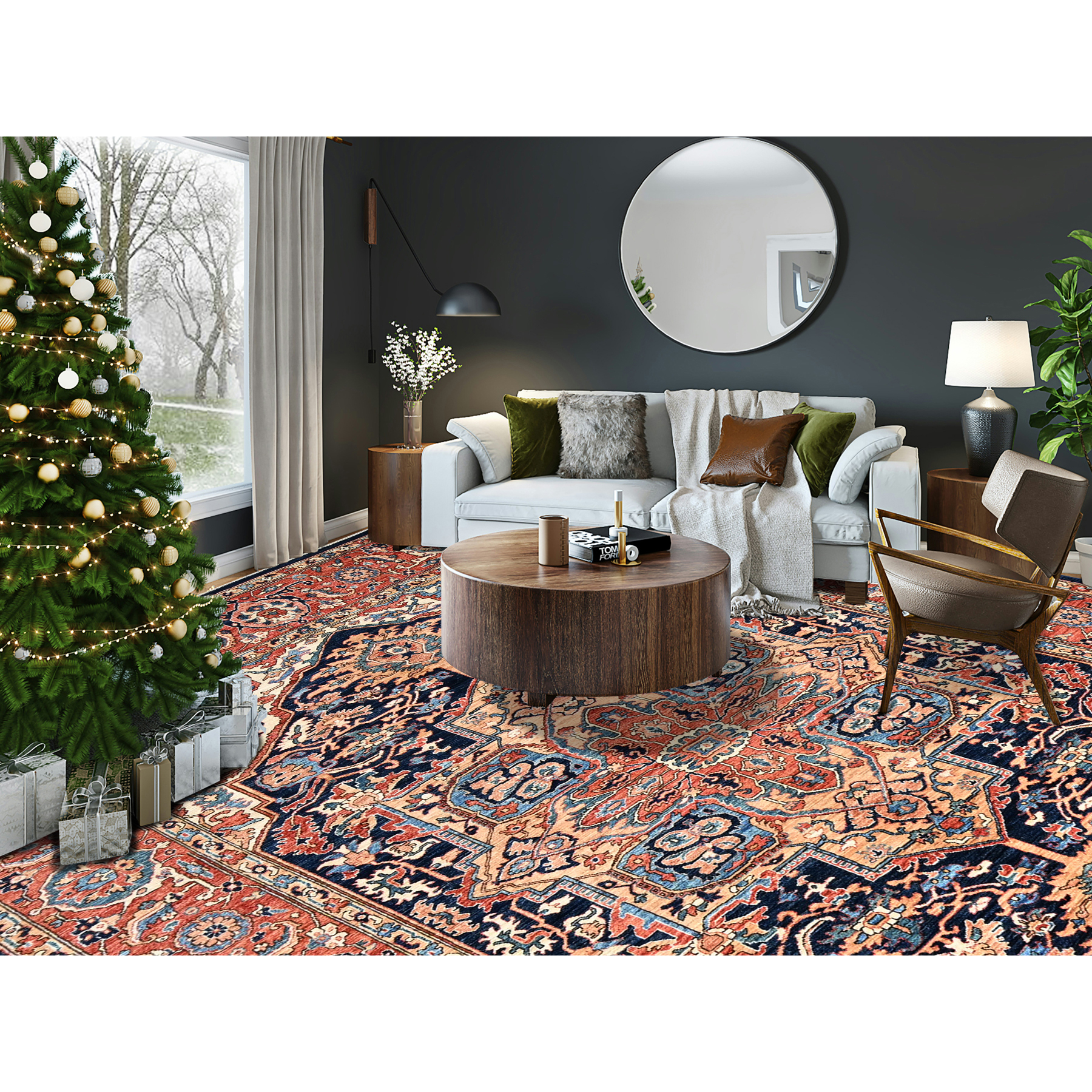 9'x12'1" Yale Blue, Aryana Grade, Serapi Heriz with Large Medallion Design, Vegetable Dyes, Soft Pile, Hand Knotted, High Mountain Wool, Densely Woven, Oriental Rug Sh1042