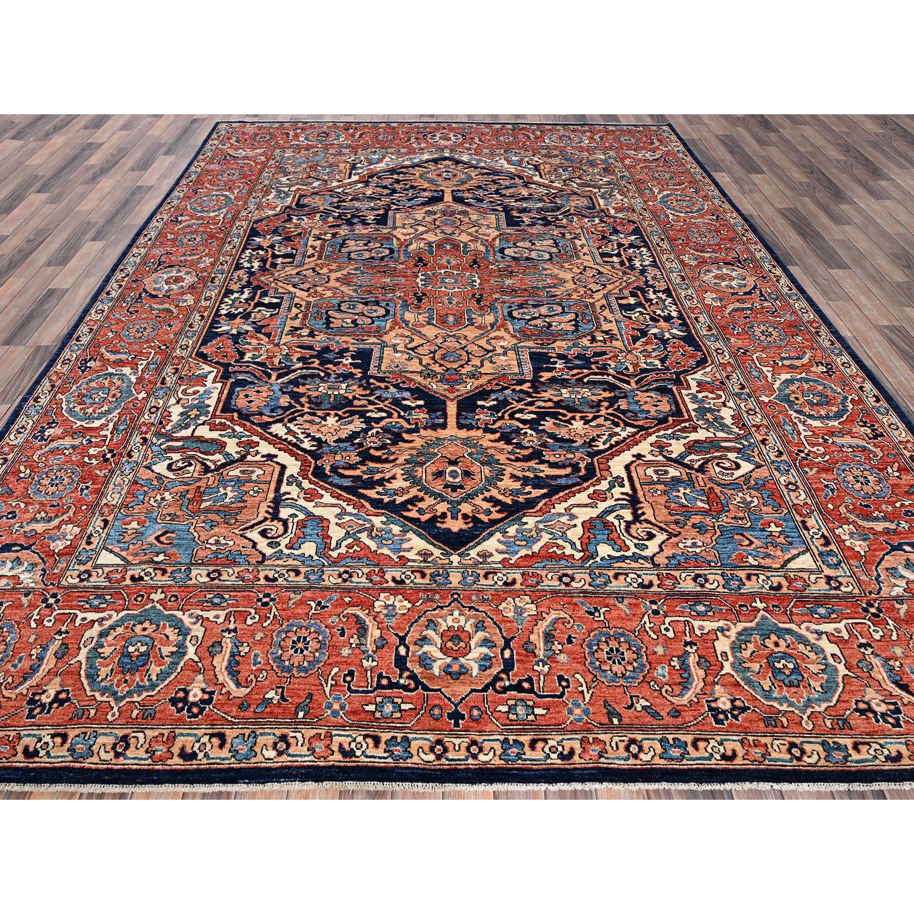 9'x12'1" Yale Blue, Aryana Grade, Serapi Heriz with Large Medallion Design, Vegetable Dyes, Soft Pile, Hand Knotted, High Mountain Wool, Densely Woven, Oriental Rug Sh1042