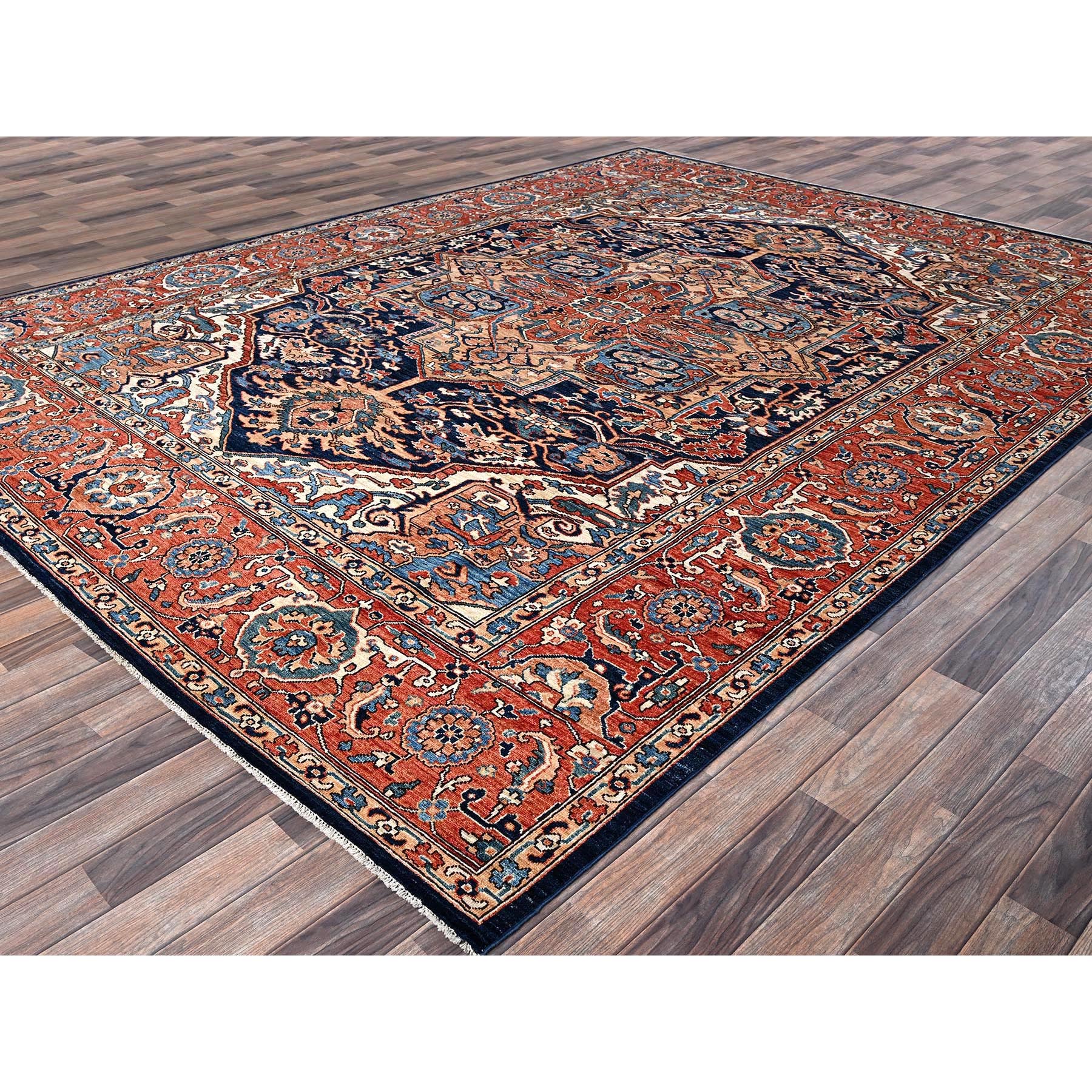 9'x12'1" Yale Blue, Aryana Grade, Serapi Heriz with Large Medallion Design, Vegetable Dyes, Soft Pile, Hand Knotted, High Mountain Wool, Densely Woven, Oriental Rug Sh1042