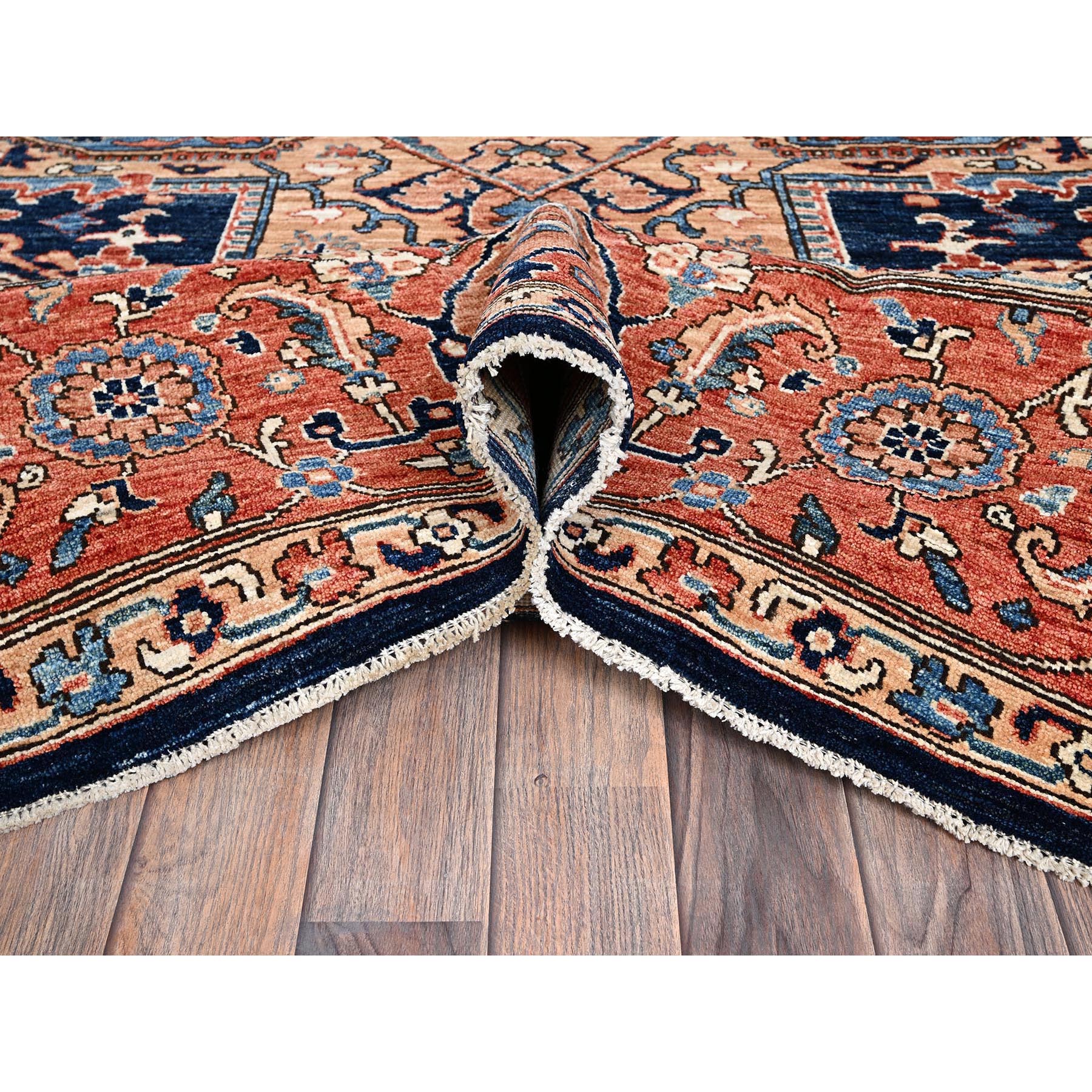 9'x12'1" Yale Blue, Aryana Grade, Serapi Heriz with Large Medallion Design, Vegetable Dyes, Soft Pile, Hand Knotted, High Mountain Wool, Densely Woven, Oriental Rug Sh1042