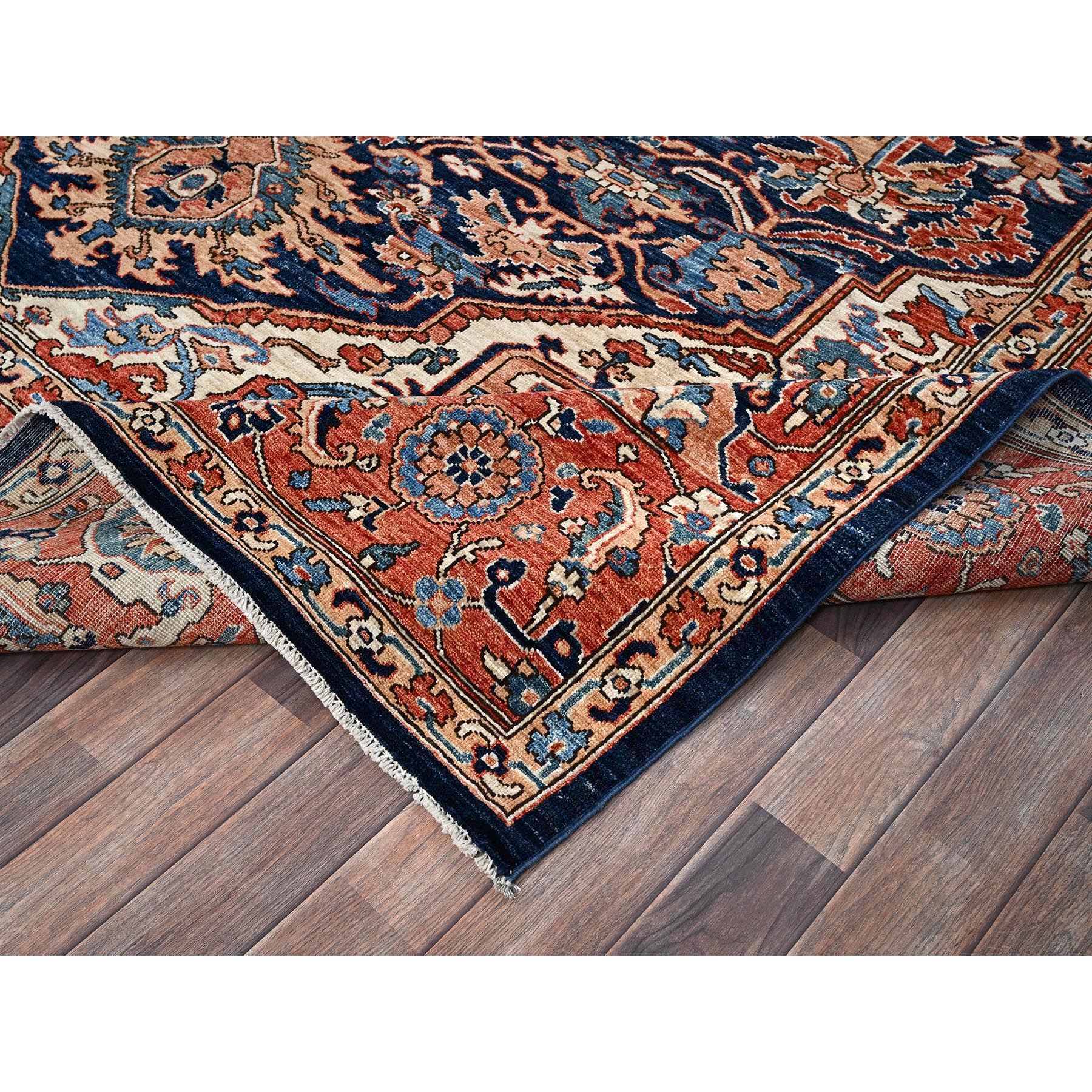 9'x12'1" Yale Blue, Aryana Grade, Serapi Heriz with Large Medallion Design, Vegetable Dyes, Soft Pile, Hand Knotted, High Mountain Wool, Densely Woven, Oriental Rug Sh1042
