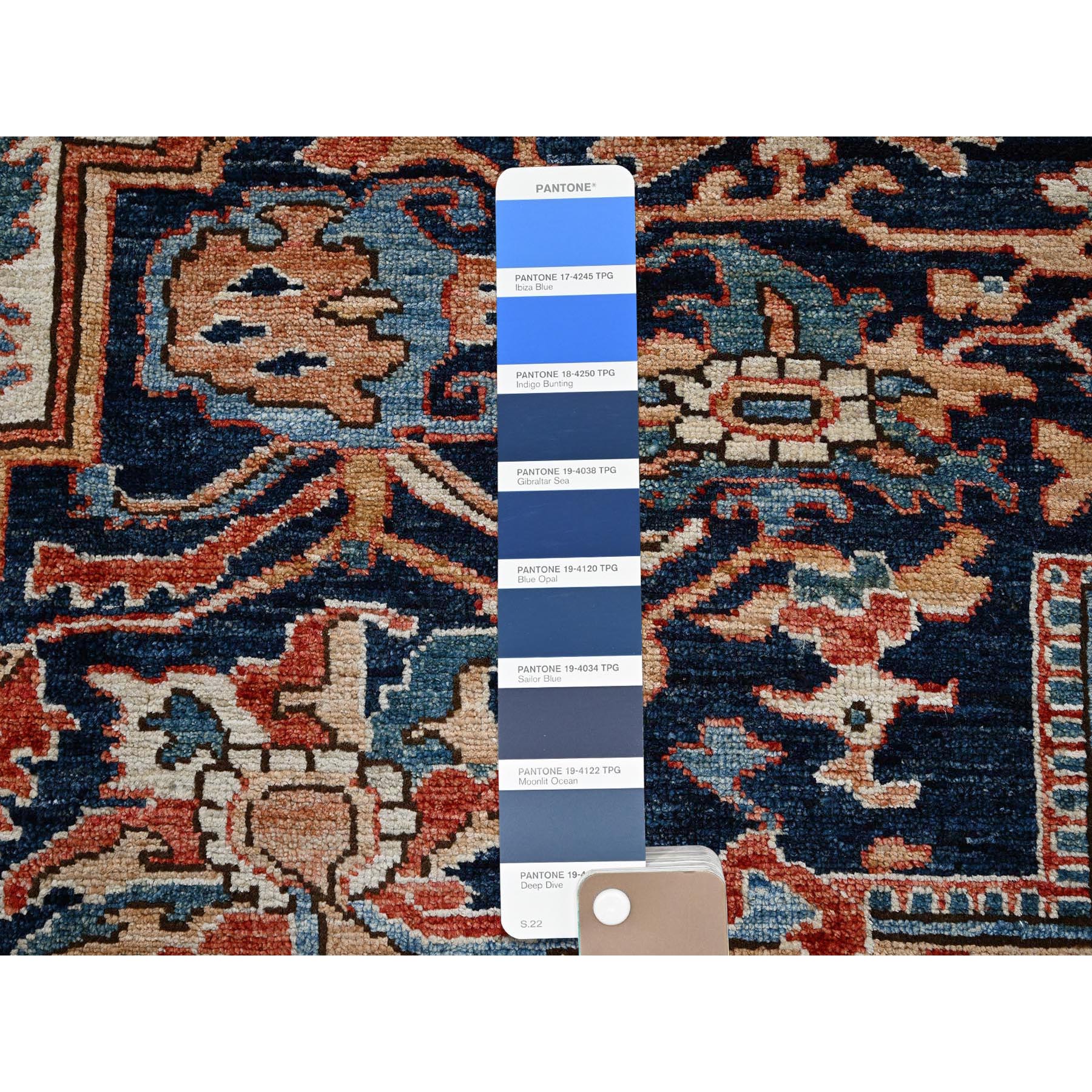 9'x12'1" Yale Blue, Aryana Grade, Serapi Heriz with Large Medallion Design, Vegetable Dyes, Soft Pile, Hand Knotted, High Mountain Wool, Densely Woven, Oriental Rug Sh1042
