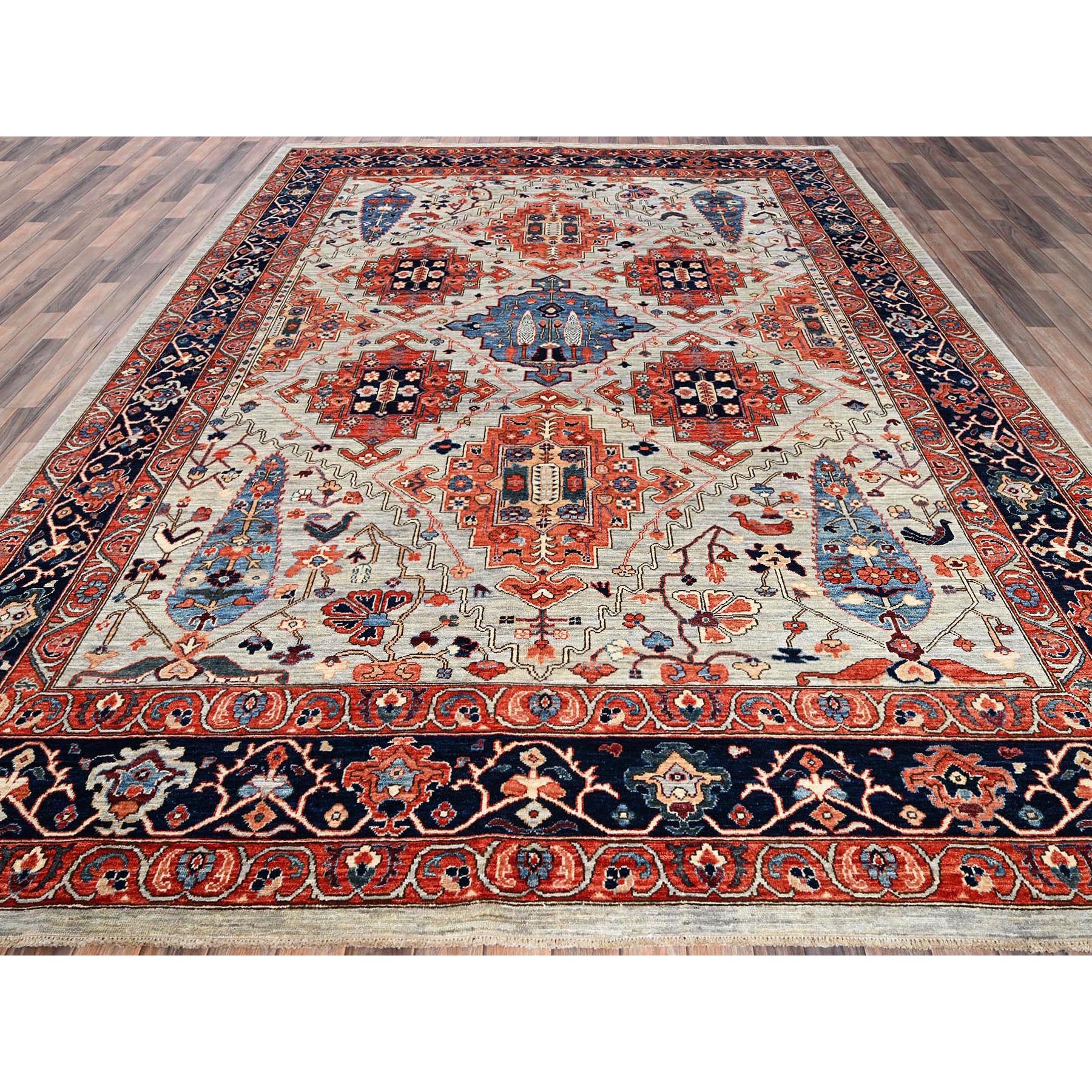 8'10"x11'10" Misty Gray, Qashqai Design with Cypress Trees, Vegetable Dyes, Soft Pile, High Mountain Wool, Hand Knotted, Densely Woven, Oriental Rug Sh1043
