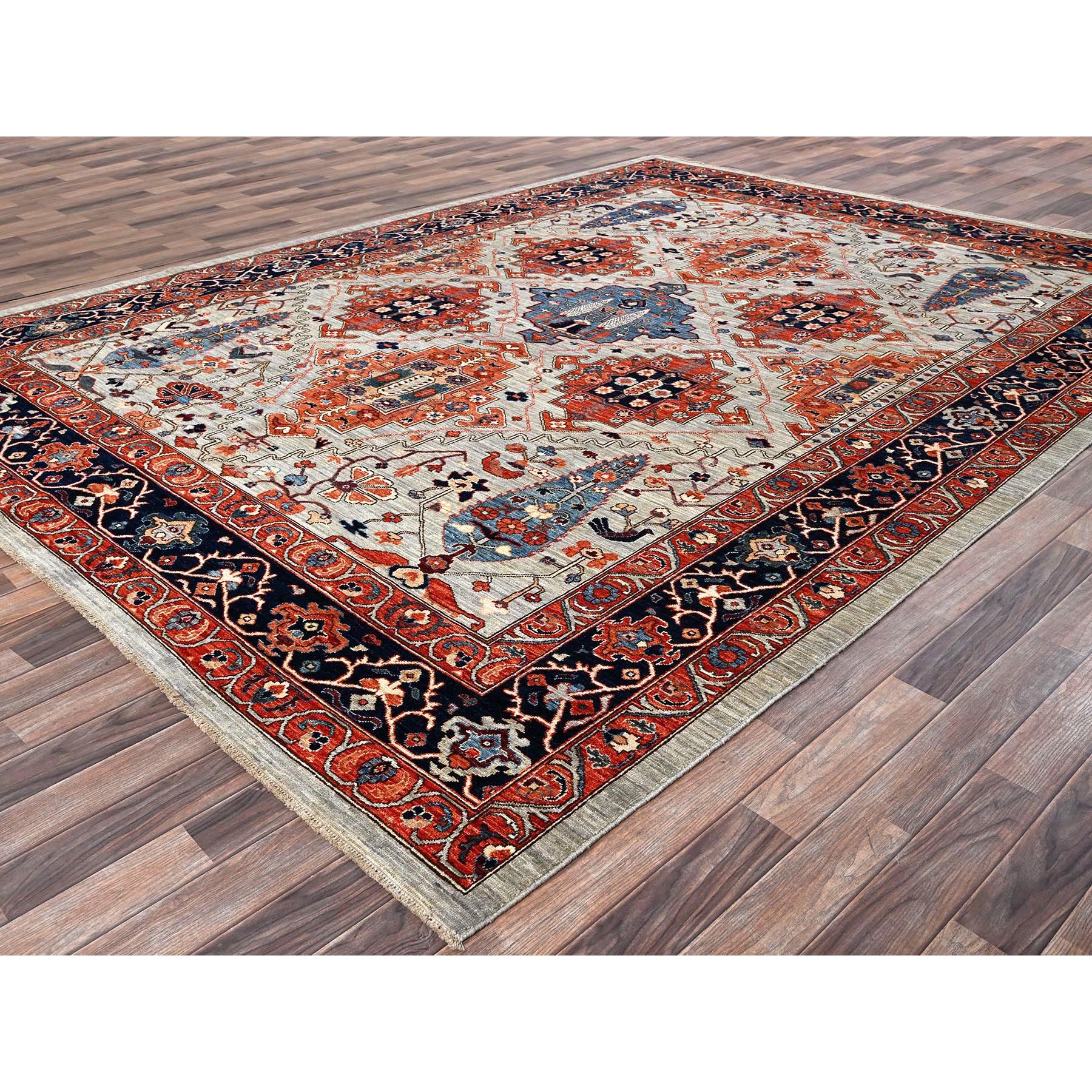 8'10"x11'10" Misty Gray, Qashqai Design with Cypress Trees, Vegetable Dyes, Soft Pile, High Mountain Wool, Hand Knotted, Densely Woven, Oriental Rug Sh1043