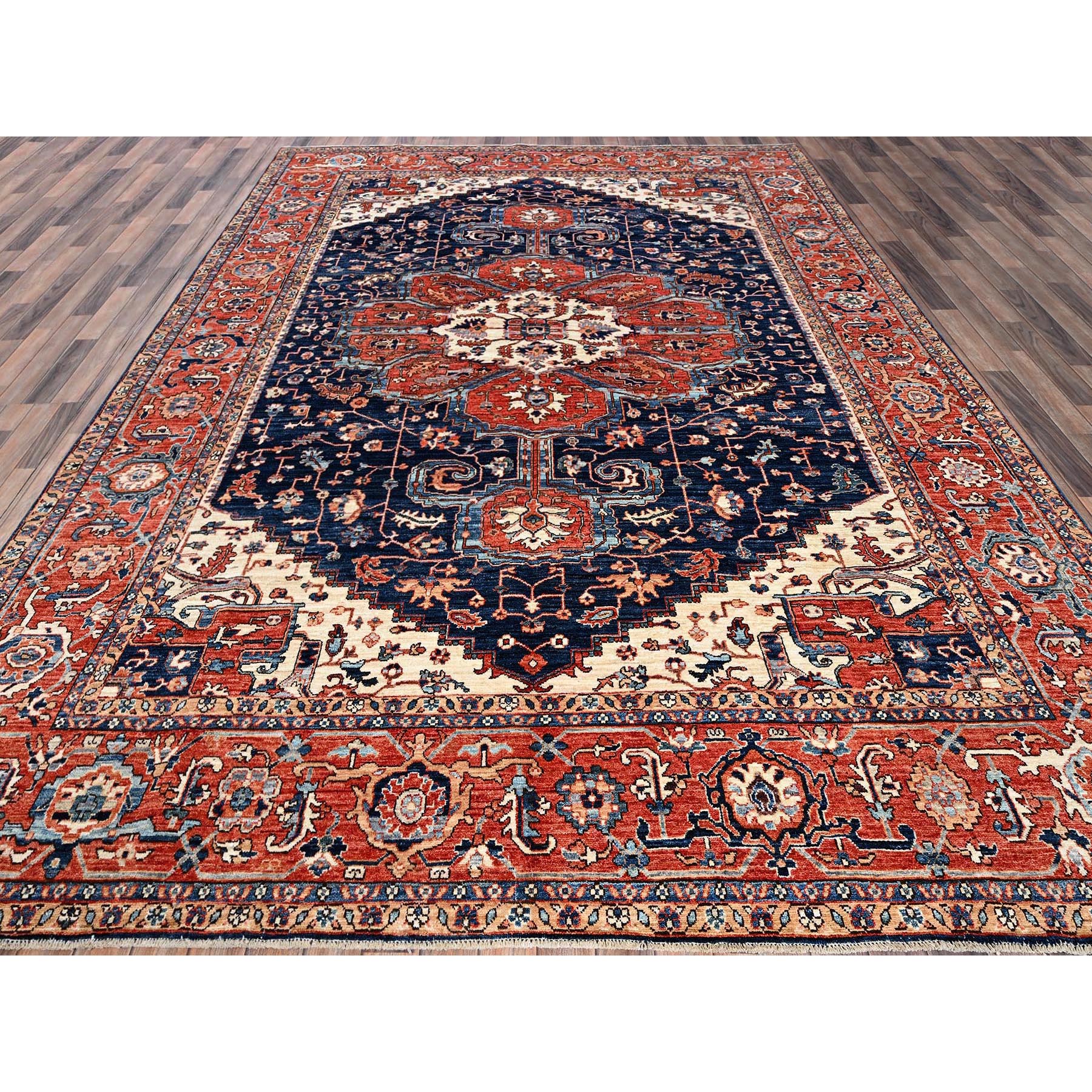 9'2"x12'8" Midnight Blue, Aryana Grade, Serapi Heriz with Flower Medallion Design, Vegetable Dyes, Hand Knotted, High Mountain Wool, Soft Pile, Densely Woven, Oriental Rug Sh1047